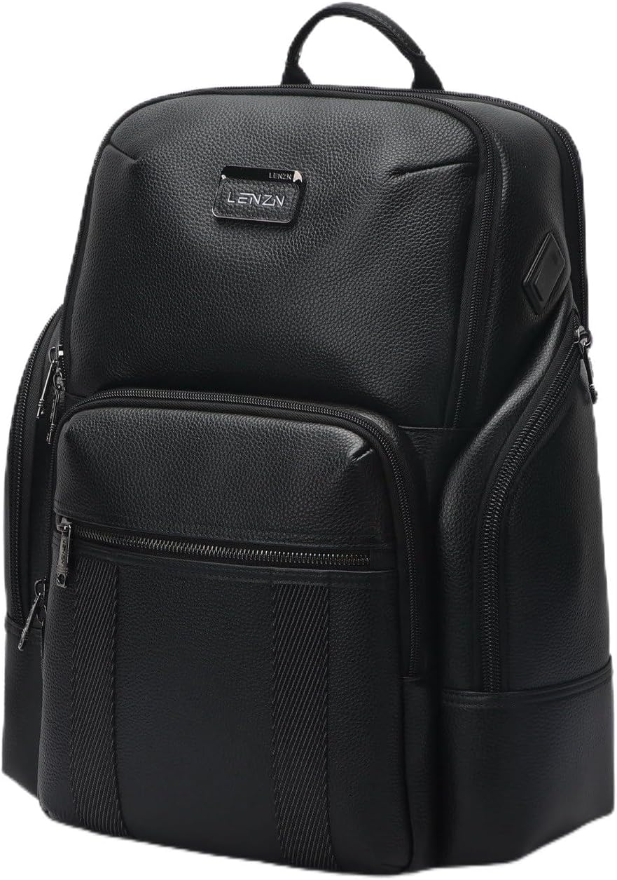 Durable Leather Laptop Business Backpack Perfect for Men & Women, Work Backpack Fits 15.6 Inch, Premium Quality Travel Bag with USB Charging Port, Water-Resistant, Bookbag with Multiple Pockets