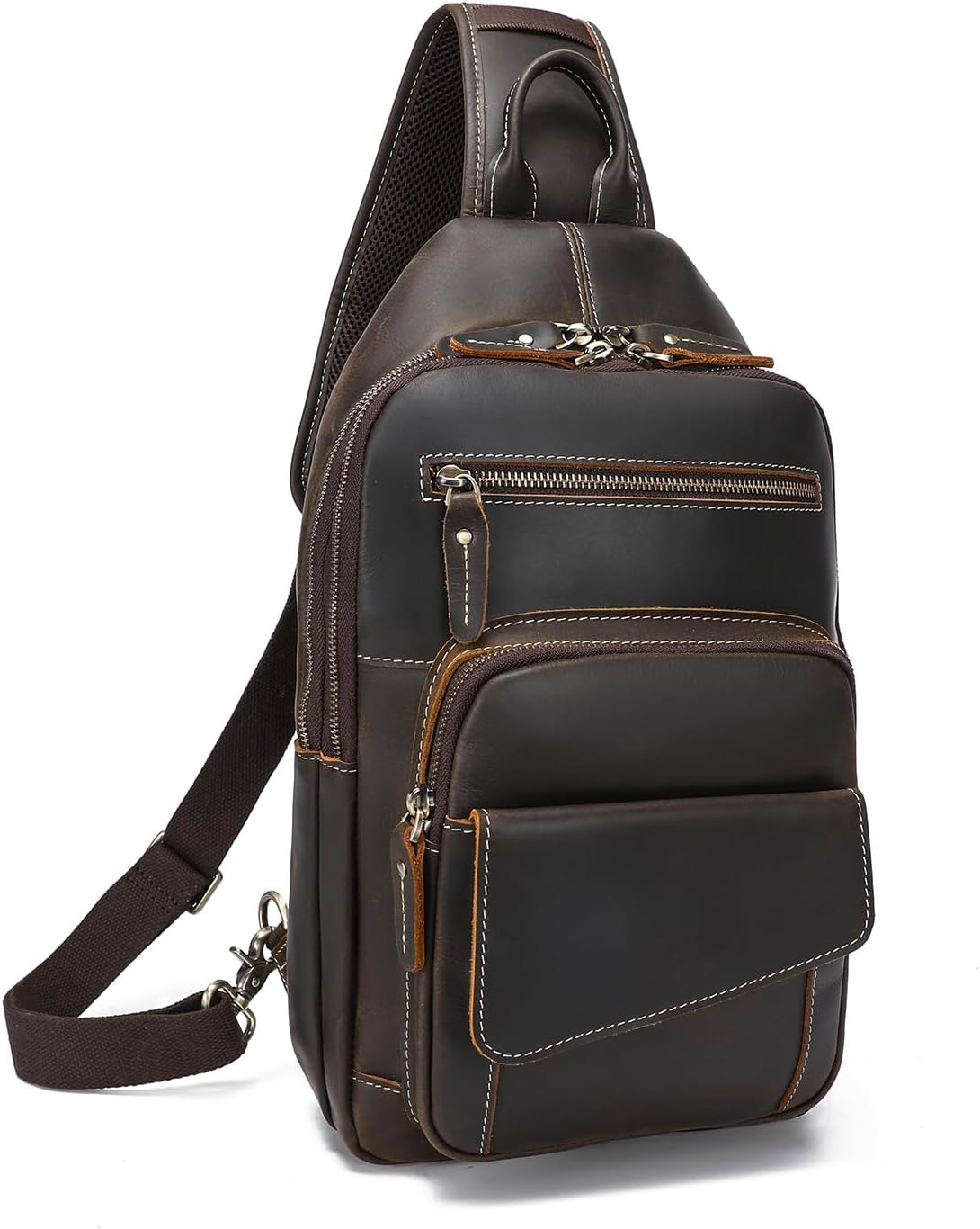 LANNSYNE Full Grain Leather Casual Sling Bag For Men Hiking/Travel/Business Crossbody Chest Bag Fits 12.9