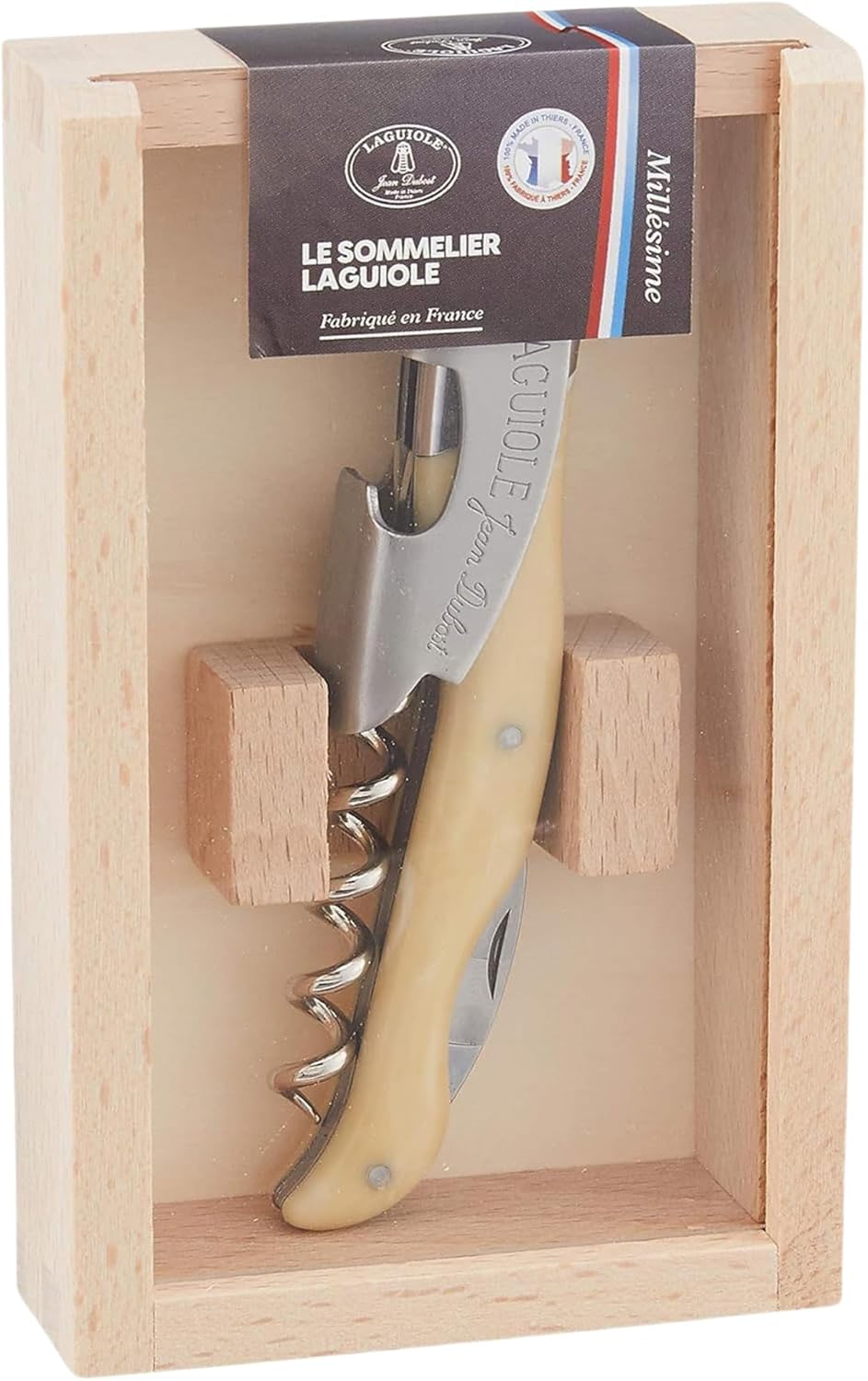 Jean Dubost Laguiole Wine Waiter, Light Horn Handle - Rust-Resistant Stainless Steel - Includes Slide-Top Box - Made in France