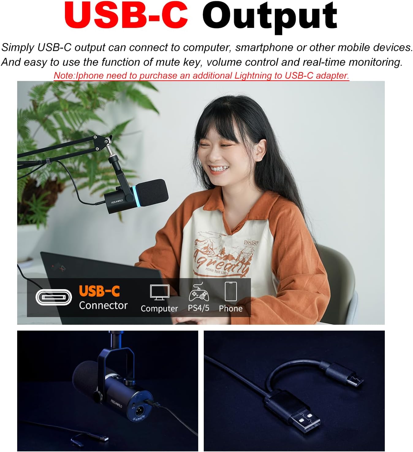 FEELWORLD PM1 XLR/USB Dynamic Metal RGB Lighting Microphone,50Hz-14kHz,XLR Output,USB-C Output,Real-time Monitoring,Multiple Function Key&Knob for Podcasting Recording Gaming Live Streaming