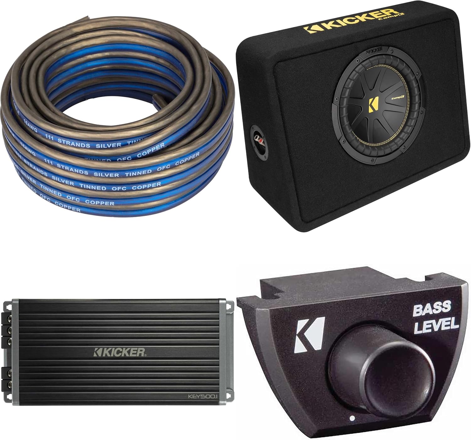 Kicker 10 Inch Comp Truck Bass Package 50TCWC102 with 47KEY500.1, Bass Knob & Speaker Wire Bundle