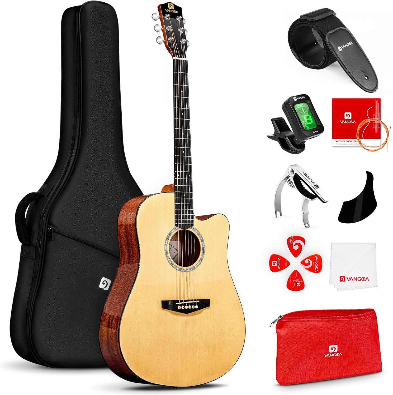 Vangoa Acoustic Guitar Kit for Beginner Adult Teen Full Size Cutaway Acustica Guitarra Starter 41 Inch Guitar Natural Bundle Set with Bag Strap Tuner Capo Pickguard Pick, Right Hand