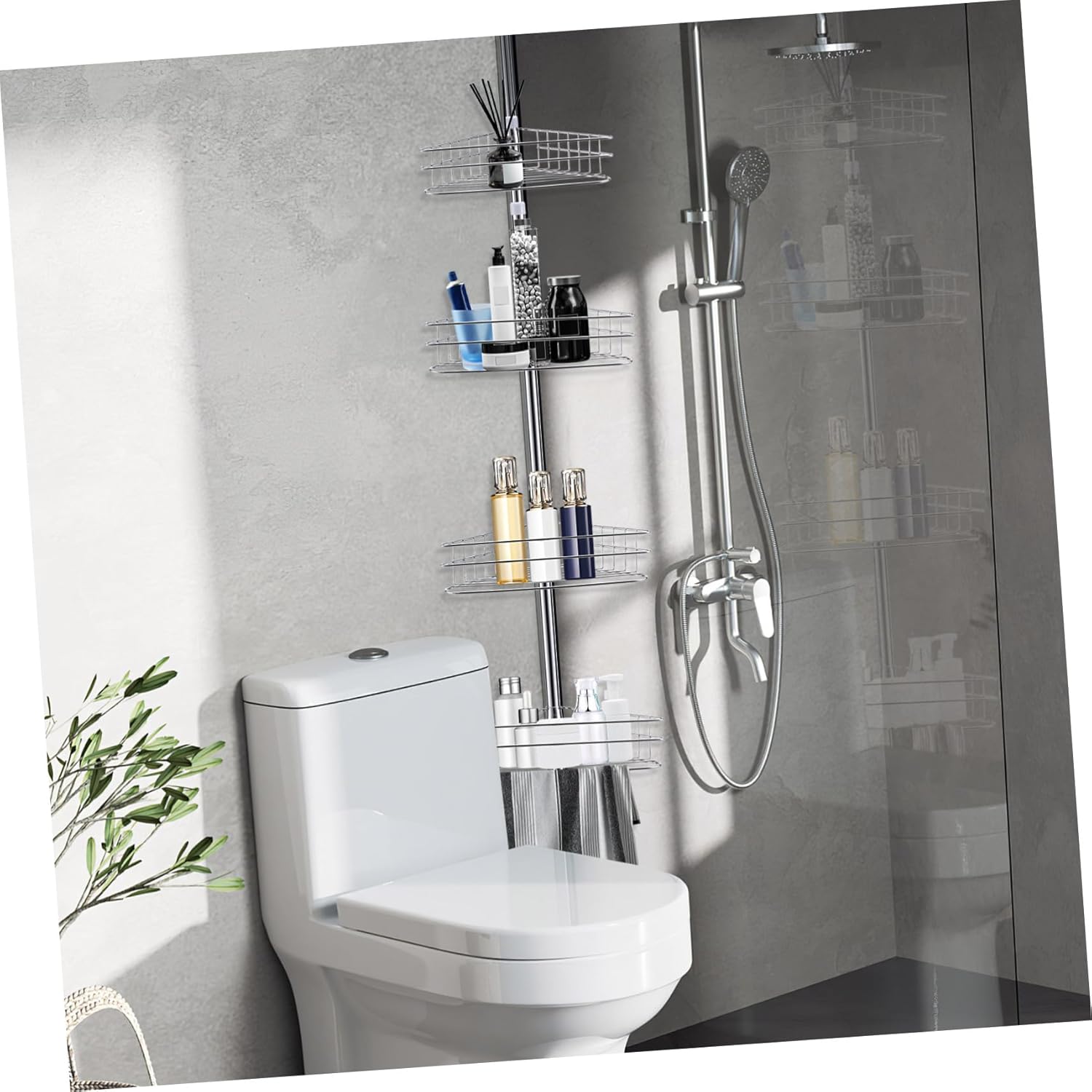 Cabilock 4tier Telescoping Corner Shower Rack Tension Pole Organizer for Bathroom No-Drill Easy Installation Rustproof with Quick Drying Baskets Storage