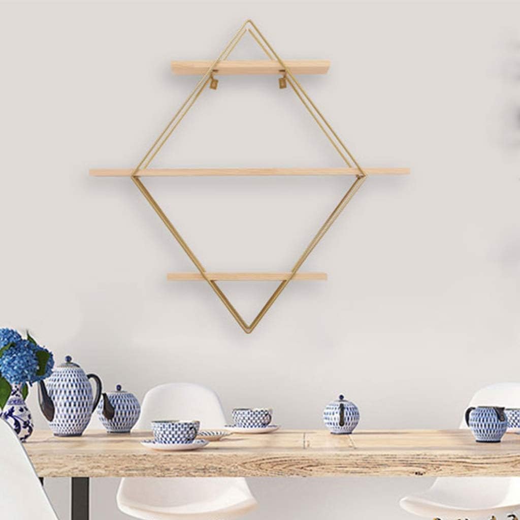 JOCHEN Wall Shelves Wrought Iron Wall Mount,Floating Shelves, 3 Tier Geotric Diamond Wall Shelves, Wood and tal Art