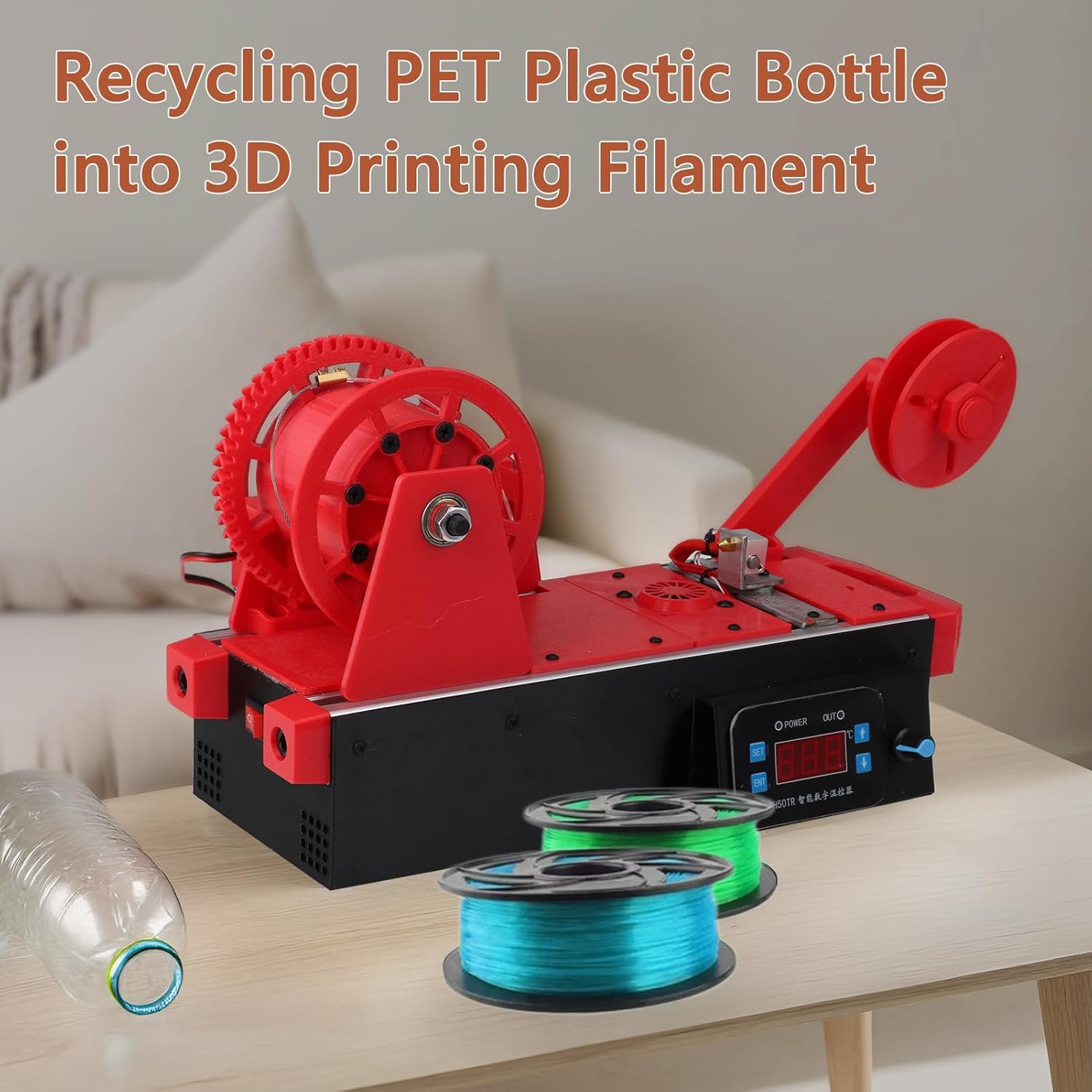 3D Printing Filament Making Machine, Desktop 3D Printer Extruder Filament Maker with Digital Display, Temperature/Speed Adjustable, Recycling PET Plastic Bottle into 3D Printing Filament (Red)