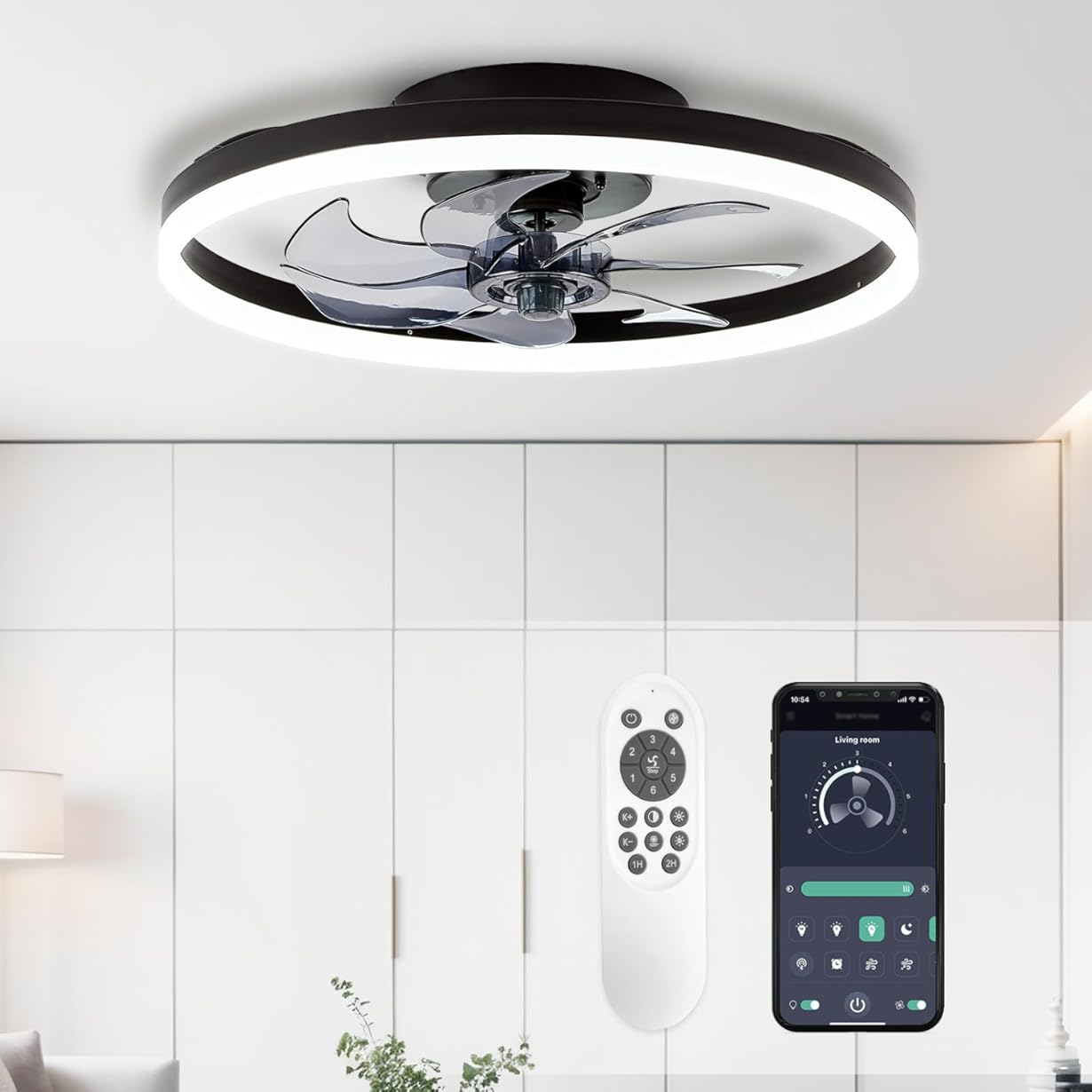 STERREN 20'' Modern Low Profile Ceiling Fan with Light, Bedroom LED Ceiling Fan with Remote Control, Bladeless Flush Mount Black Fan Lights Ceiling Fixtures for Living Room,Small Room