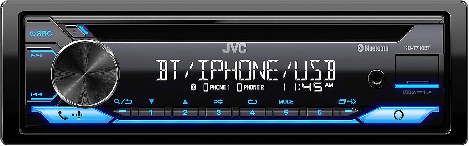 JVC KD-T710BT - CD Car Stereo, Single Din, Bluetooth Audio and Hands Free Calling w External Microphone, CD, MP3, USB, AUX Input AM/FM Radio, High Power Amp, Amazon Alexa Voice Control