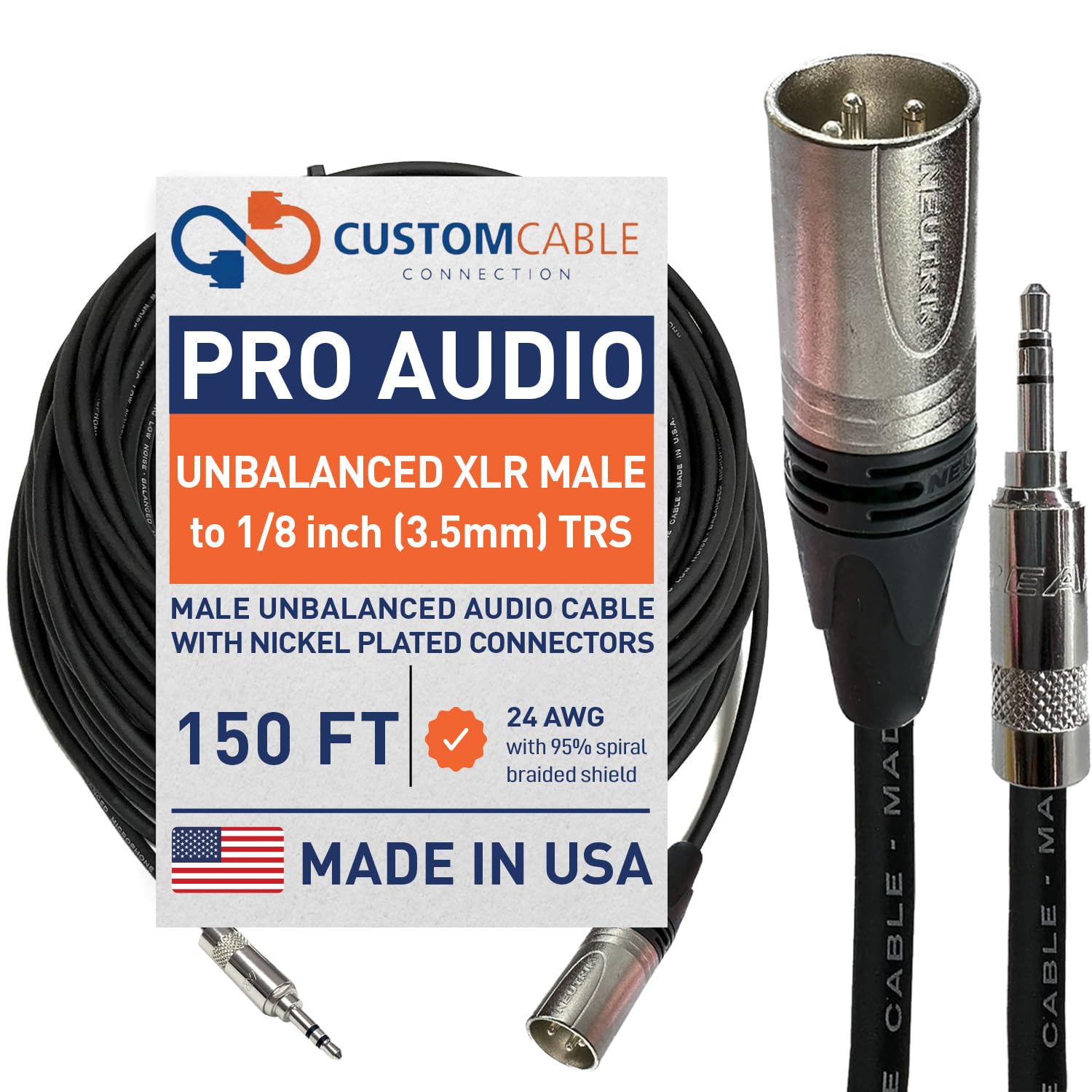 150 Foot XLR Male to 1/8 Inch (3.5mm) Male Unbalanced Audio Cable 24 AWG by Custom Cable Connection