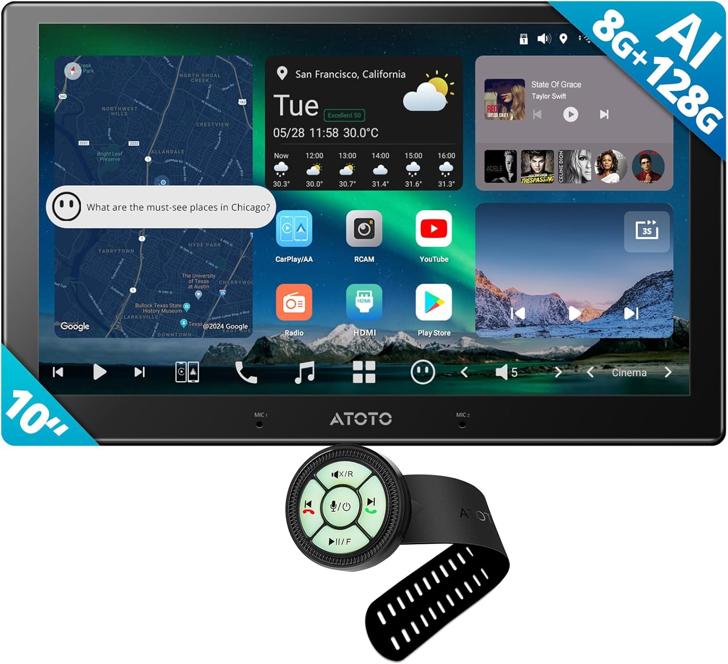 AC-44F60 Watchband Style Multifunctional Wireless Remote,for X10G211E,10 inch QLED AI Android Car Stereo, 8G+128G Double Din Radio, Wireless Carplay & Android Auto, 4G LTE, Dual Noise Cancel