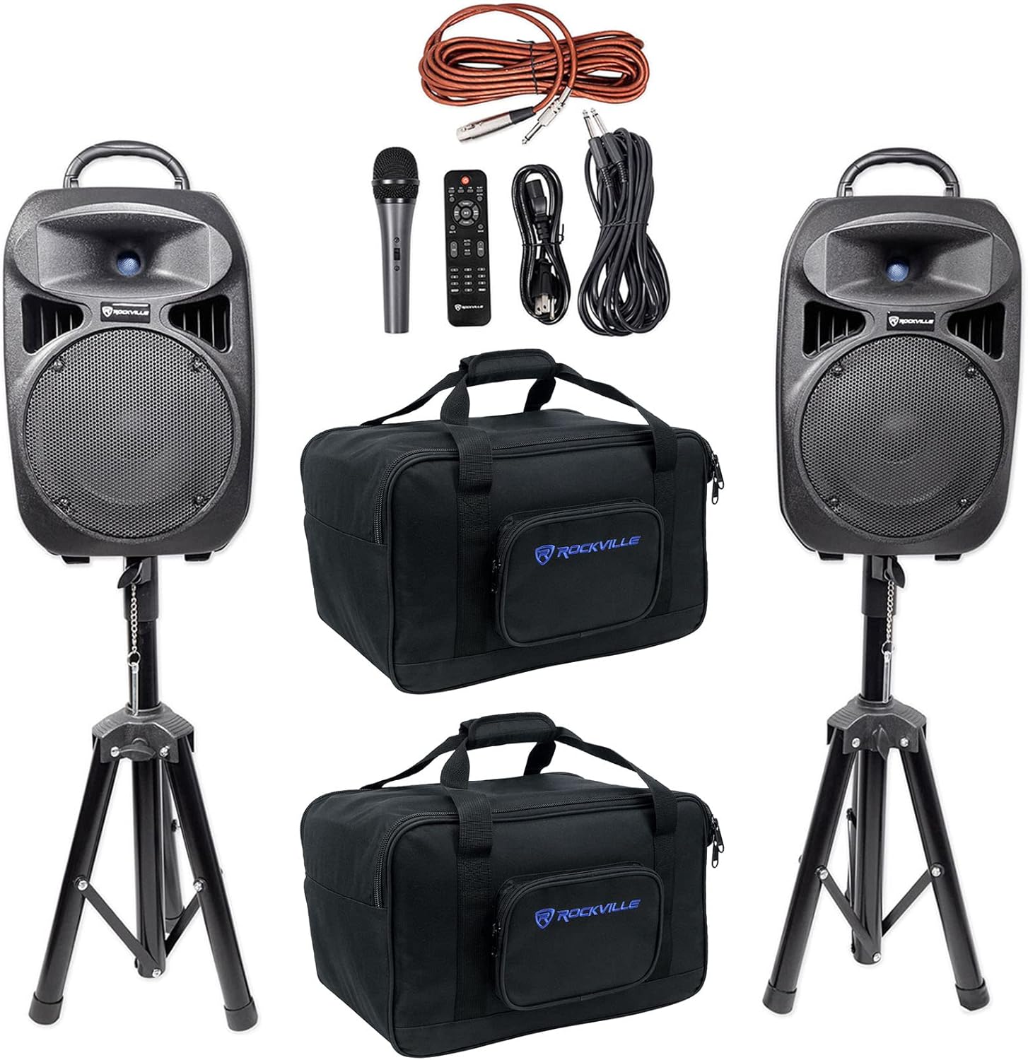 Rockville RPG082K Bundle: Dual 8 in Powered Portable PA Speakers with Bluetooth, Mic, Stands, and Cables, (2) TB8 v2 Padded Speaker Bags with Stand Compartments, 3-Items