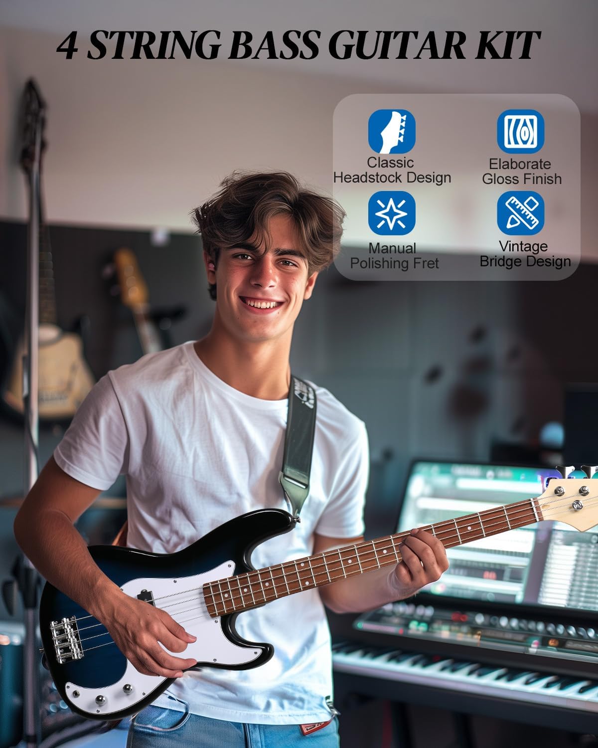 Ktaxon Electric Guitar 4 String Bass Guitar Kit with Paulownia Body, Solid Rosewood Fingerboard & Split Single-coil Pickups Includes 20W Amp, Cable, Strap, Pick and Wrench(Blue)