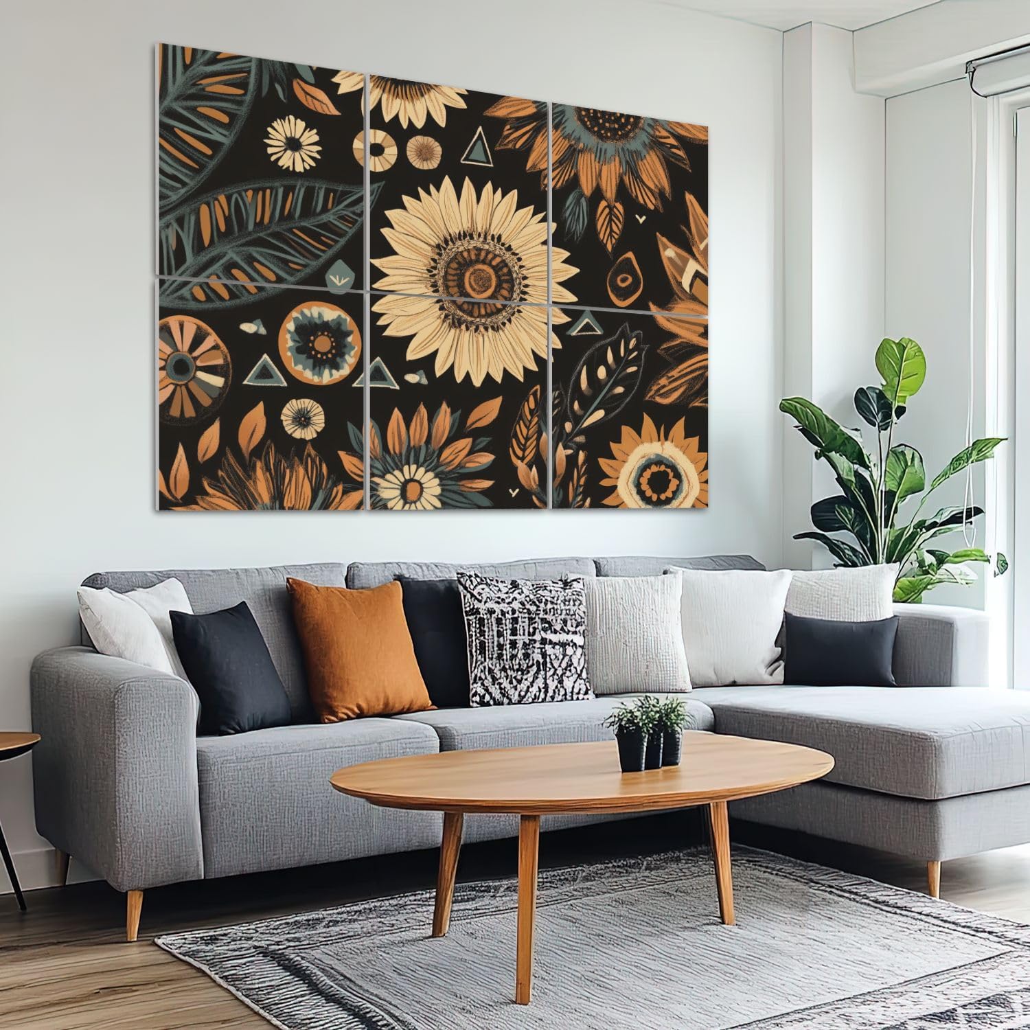 6 Pack Art Acoustic Panels Sound Absorbing Floral Boho Brown Peachpuff Green Retro Sunflowers Leaves Geometric Decorative Soundproof Wall Panels Self Adhesive for Recording Studios Office 72