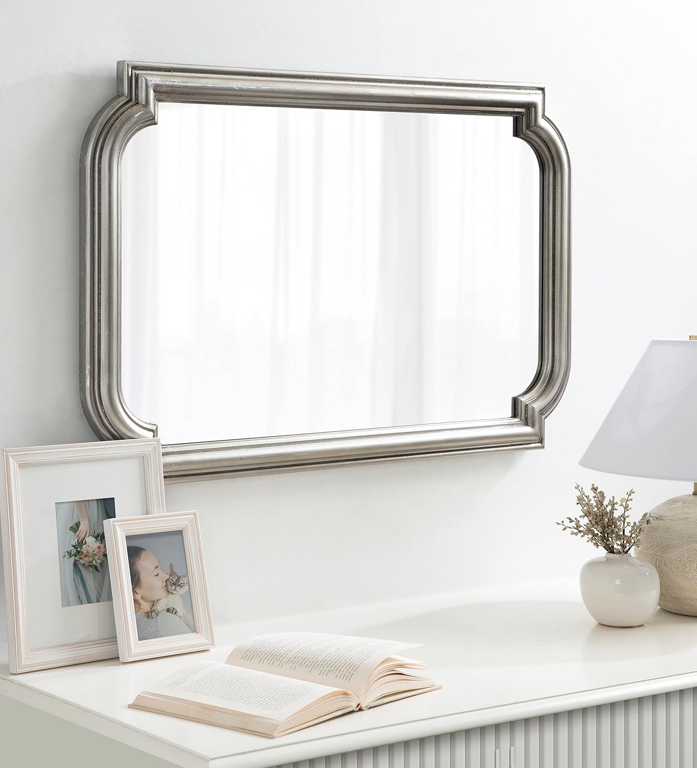 Kate and Laurel Kinsman Traditional Glam Rectangle Scallop Wall Mirror; 24 x 36; Silver; Decorative Scalloped Wood Mirror with Radius Corners for Vertical or Horizontal Display