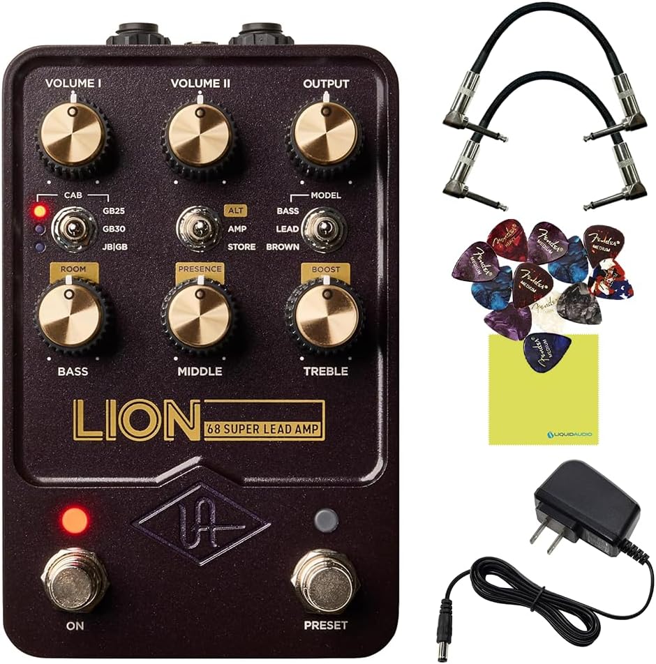 Universal Audio Lion '68 Super Lead Amp Pedal Bundle with 2x Right Angle Patch Cables, 9V Power Adapter, 12 Guitar Picks & Polishing Cloth – Authentic Tube Amp Tones, Versatile Gain Control