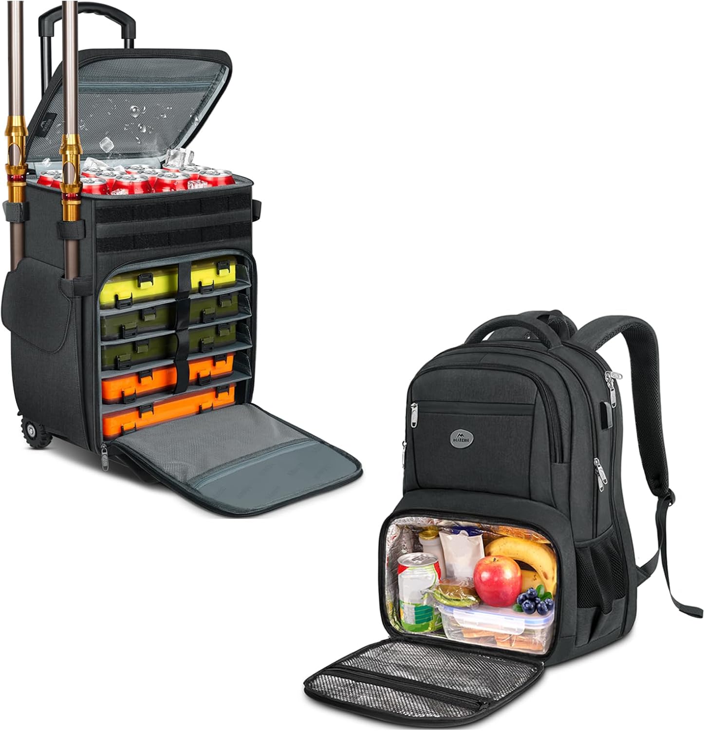 MATEIN Rolling Tackle Box with Cooler, Large Fishing Bag with Wheels for 5 Trays, 17 Inch Laptop Backpack, TSA Large Travel Backpack with Lunch Box, Anti-Theft Work Business Carry On with USB Port