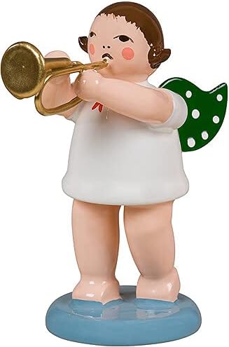 Angel with Cornet - 6,5 cm / 2.6 inch - gr�ne Fl�Gel - Weihnachtsengel Erzgebirge