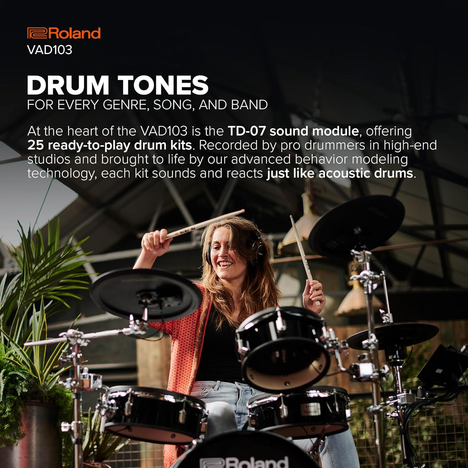Roland VAD103 V-Drums | Premium 4-Piece Electronic Acoustic Design Drum Kit with Shallow-Depth Shells