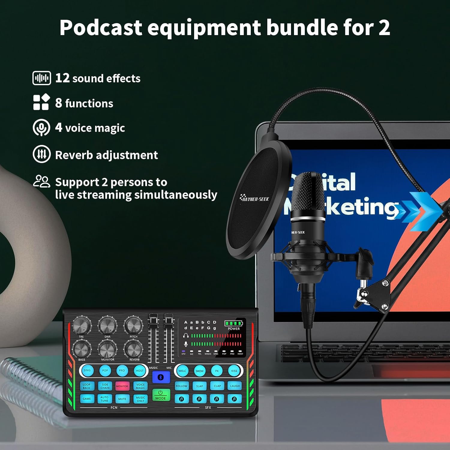 Podcast Equipment Bundle for 2, DJ Mixer with 3.5mm Diaphragm Condenser Microphone for Live Streaming, Podcast Recording,Gaming, Youtube, TikTok, PC, Smartphone