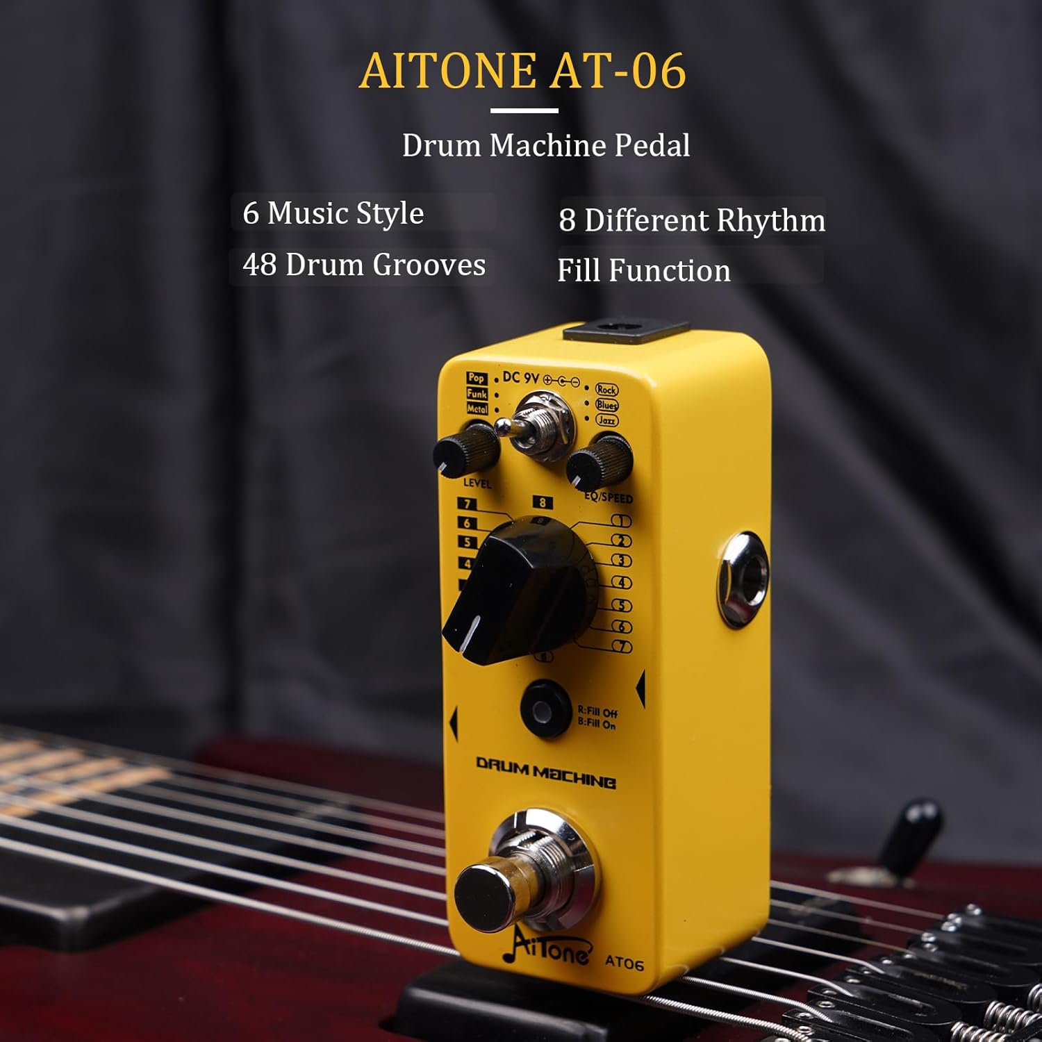 AITONE Drum Machine Guitar Pedal (AT-06) and Patch Cables 6 Pack 1/4