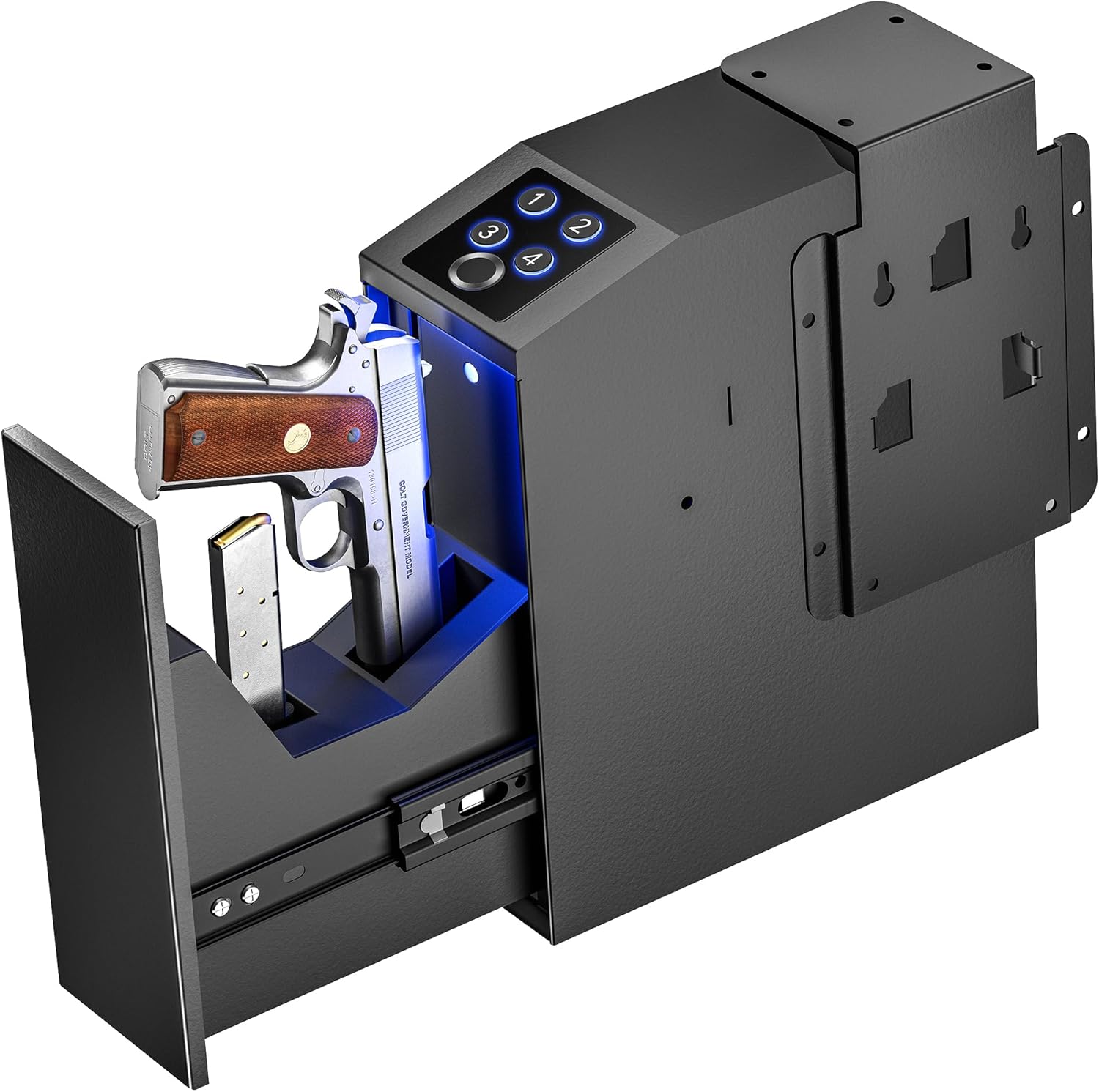 Gun Safe, Slider Biometric Full Size Hnadgun Safe for Nightstand, Desk, Bed Side,Truck - Auto Sliding Gun Lock Box for Pistol -with Fingerprint, PIN Code, KEY Access