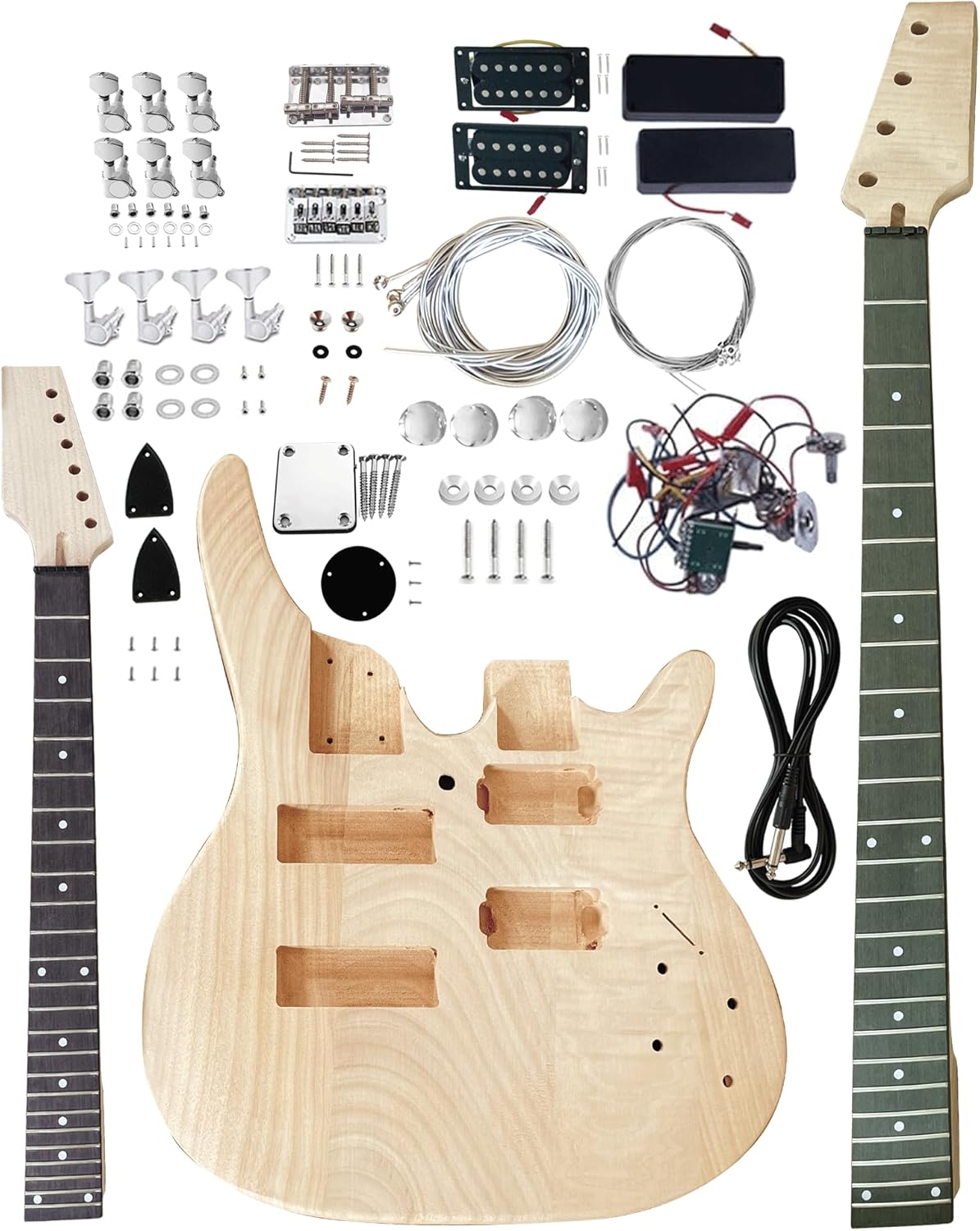 DIY Electric Guitar and Bass Double Neck Kit 6 String and 4 String Guitar Kits Right Handed with Mahogany Body Mahogany Neck Rosewood Fingerboard Chrome Hardware Build Your Own Bass and Guitar.