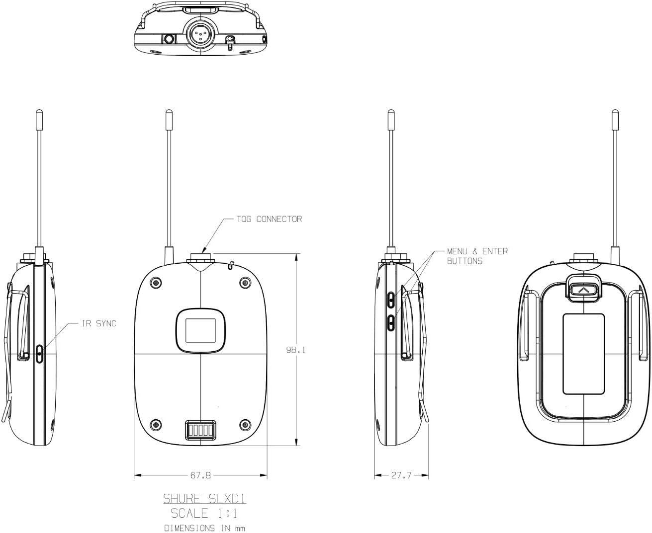 Shure SLXD1 Bodypack Transmitter - for use with SLX-D Digital Wireless Systems, Receiver Sold Separately | H55 Band (SLXD1=-H55)