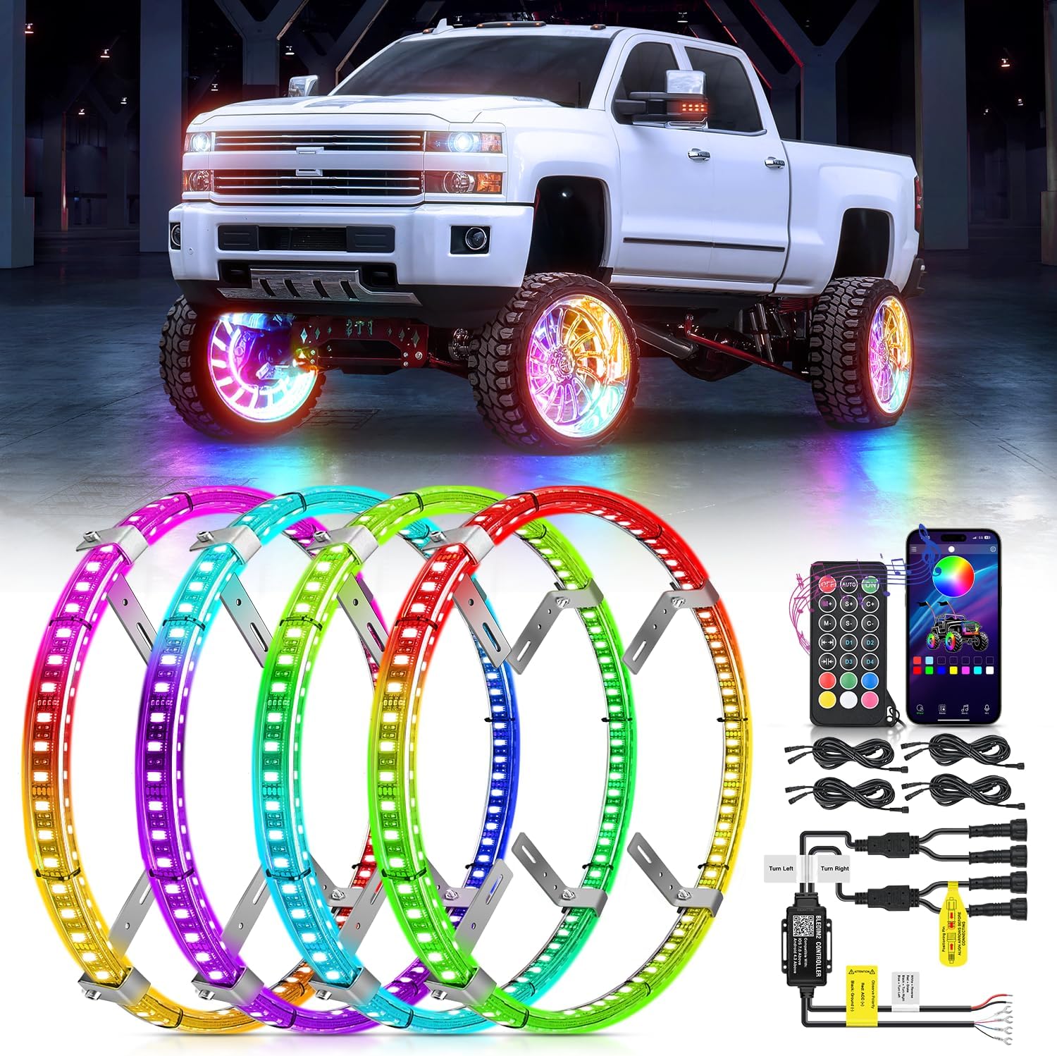 Nilight 4PCS 15.5inch Double Row Wheel Ring Lights Dream Color with APP and Remote Control Neon Lights w/Turn Signal and Braking Function Dual Row for Car Van SUV Truck