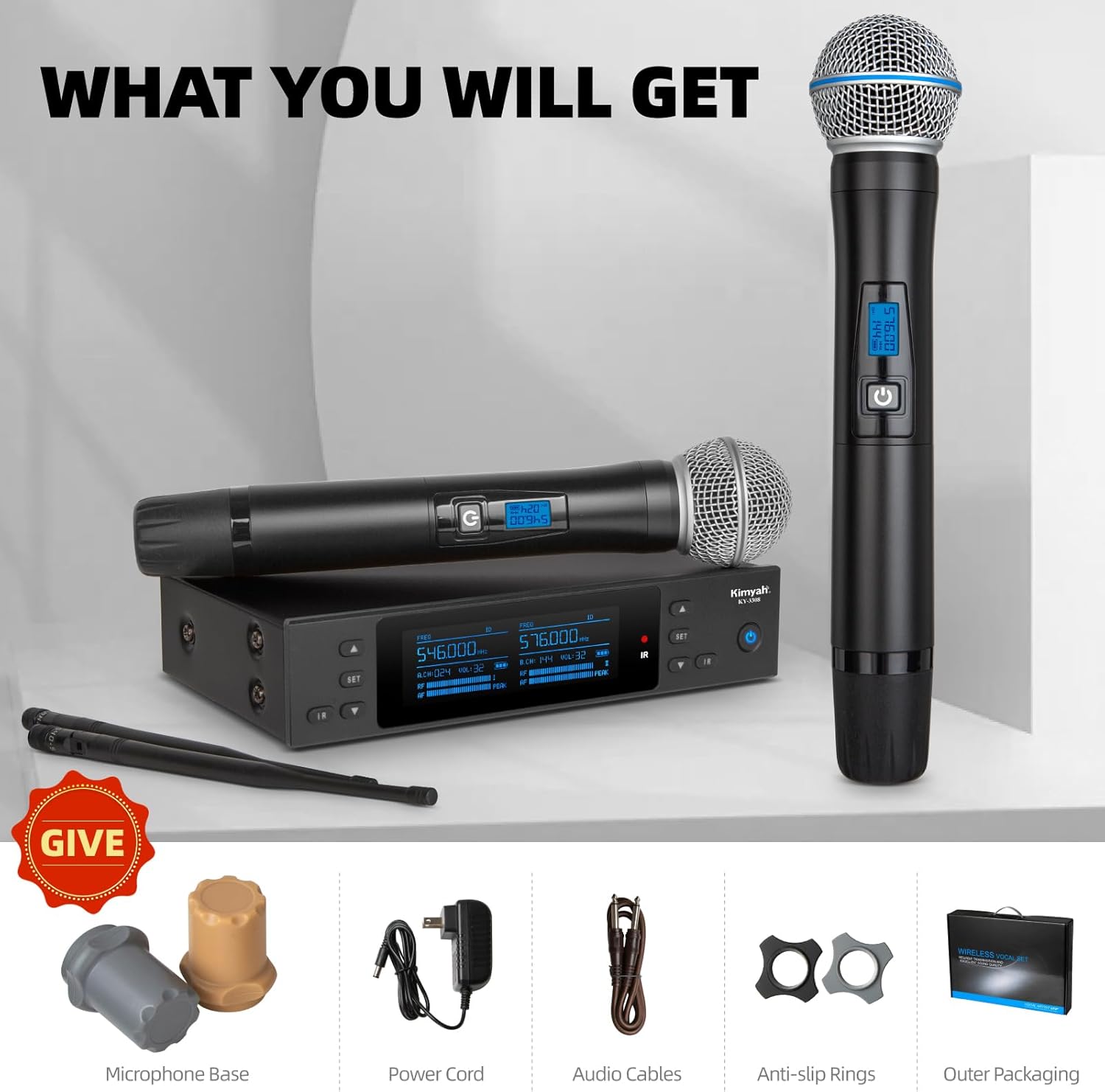 Kimyah Wireless Microphones System, 2x100 Channels Metal Cordless Handheld Microfonos, 328FT UHF Range, Mics with Stable Signal Transmission for Professional Stage, DJ and Party Karaoke(KY-3308)