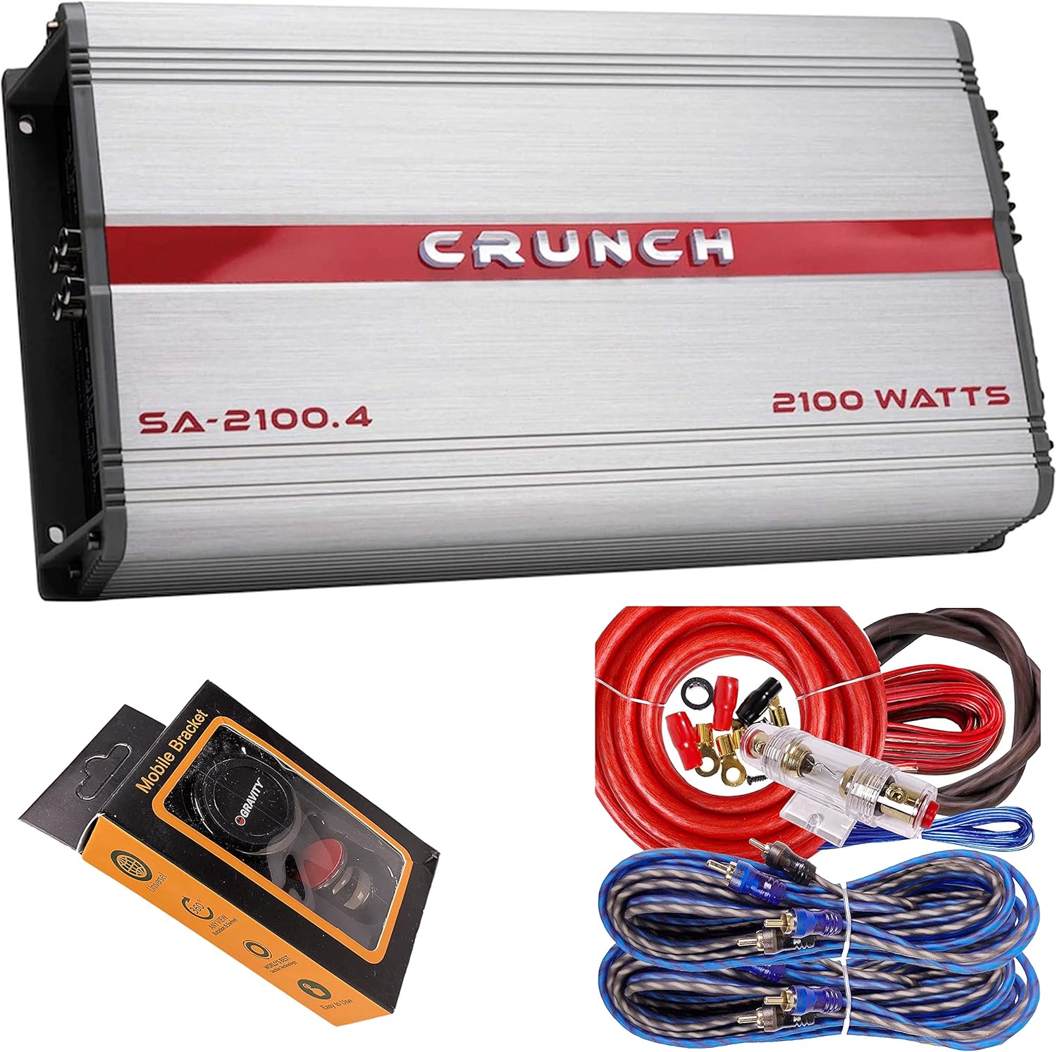 Crunch SA-2100.4 Smash Series 2,100-Watt 4-Channel Class AB Amp Car Audio Sound System Subwoofer Speaker Amp Amplifier with Gravity Magnet Phone Holder and 4 Gauge Kit Red Bundle
