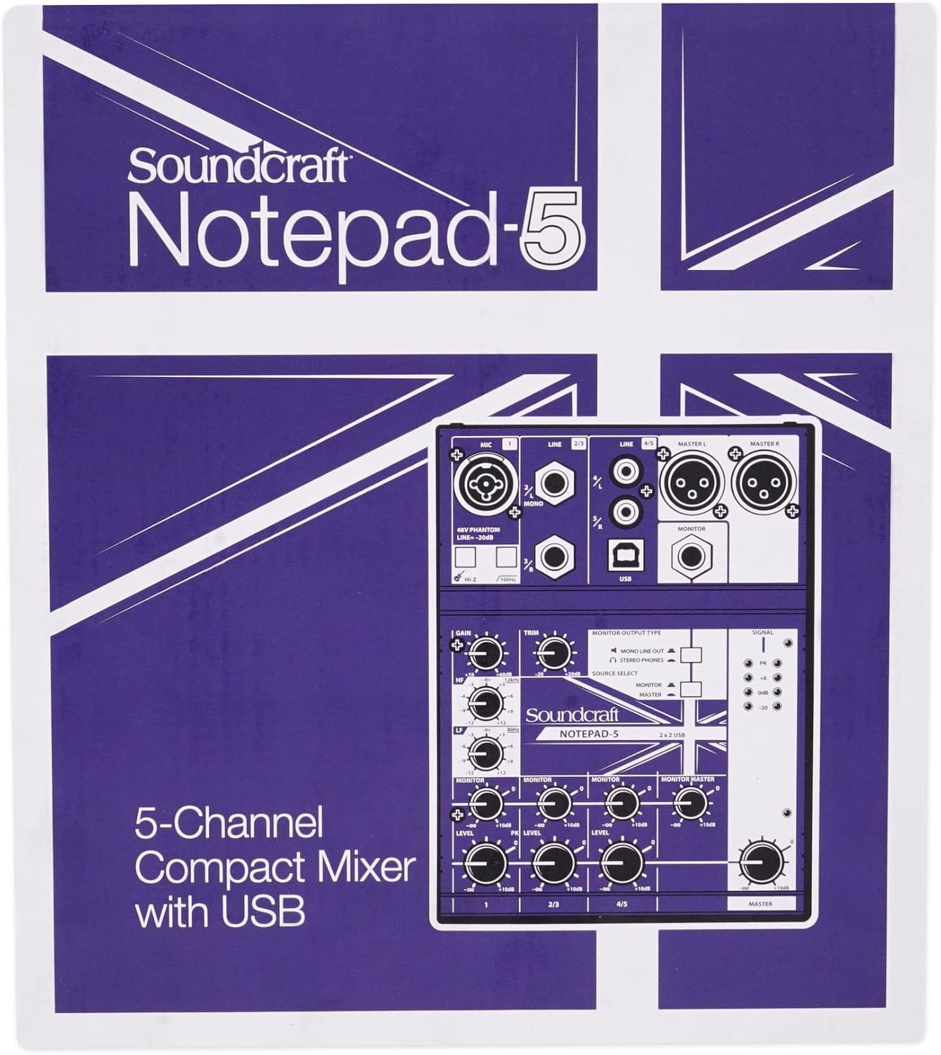 Soundcraft Notepad-5 Channel Podcast Mixer Podcasting Interface w/USB For Mac/PC Bundle with Rockville RCM03 Pro Recording Condenser Mic, PRO-M50 Studio Headphones and DMS40 40