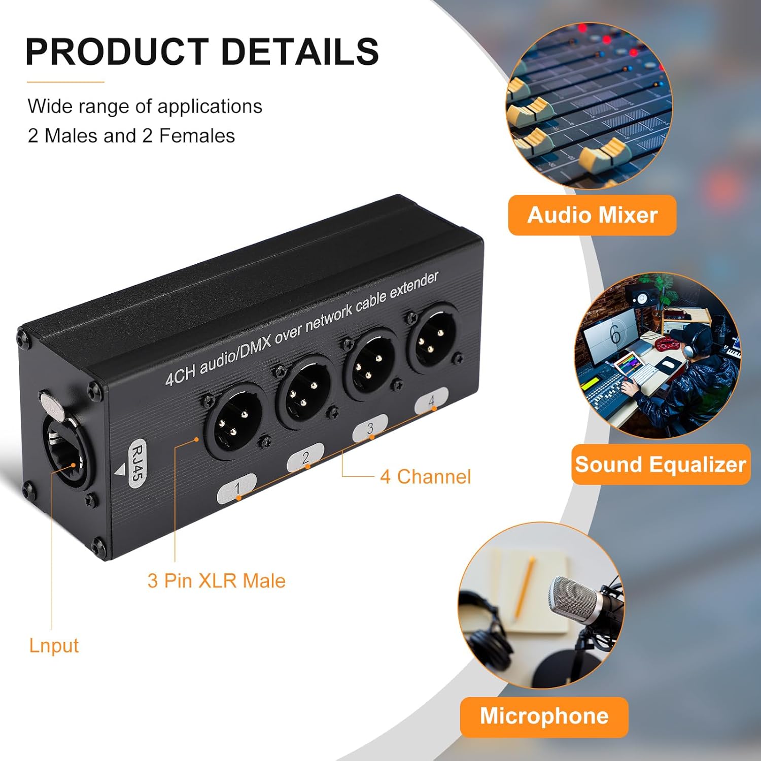 4 Pack 4 Channel 3 Pin Multi Network XLR Cable Breakout 3 Pin XLR Male and Female Over RJ45 Ethercon Cable Multi Extender for Stage Lighting and Home Recording Studio Compatible