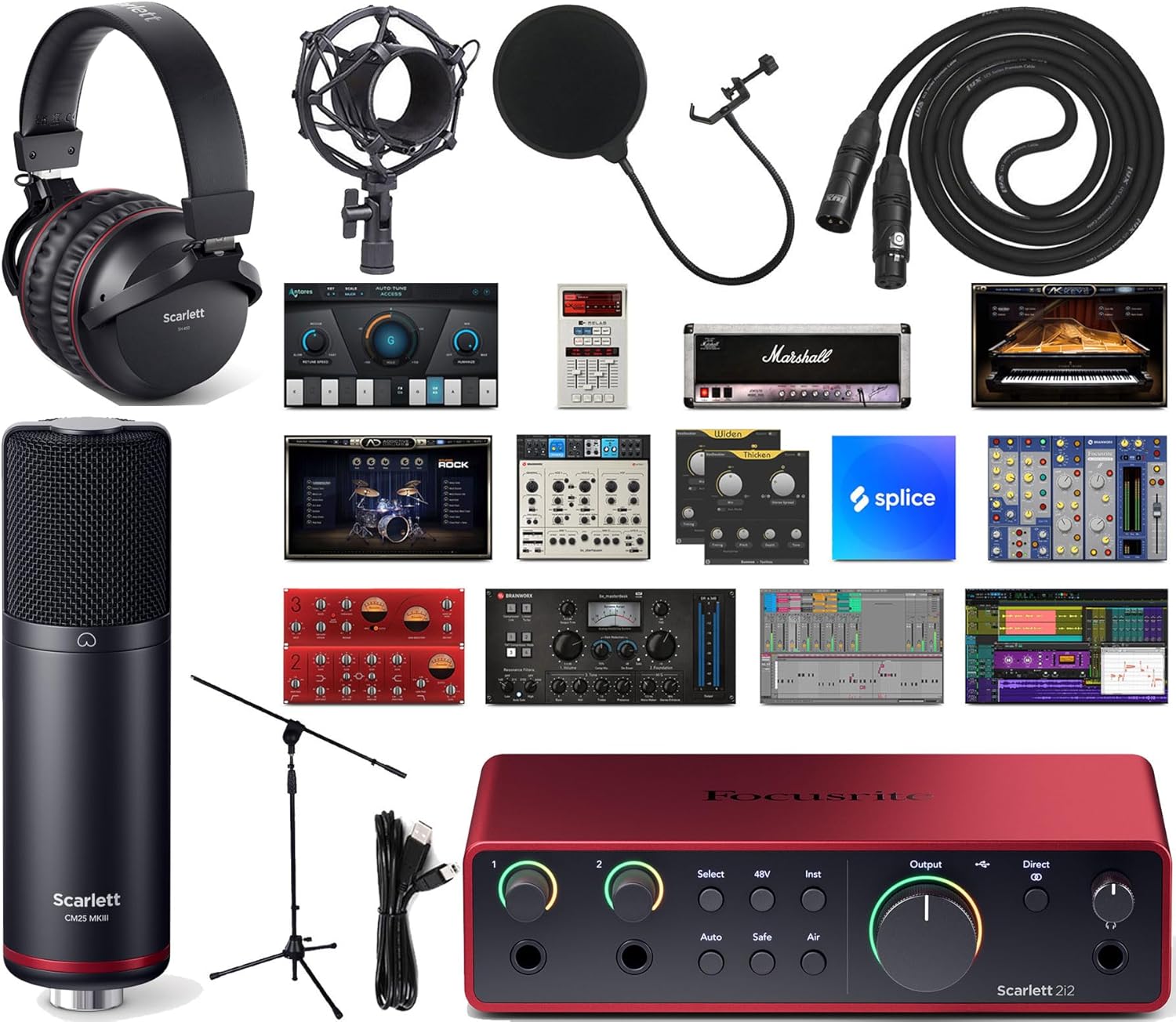 Focusrite Scarlett 2i2 Studio 4th Gen USB-C Audio Interface Bundle with CM25 MkIII Condenser Microphone, SH-450 Headphones, Pop Filter, Shockmount, Metal Stand, XLR Cable & Creative Software Pack