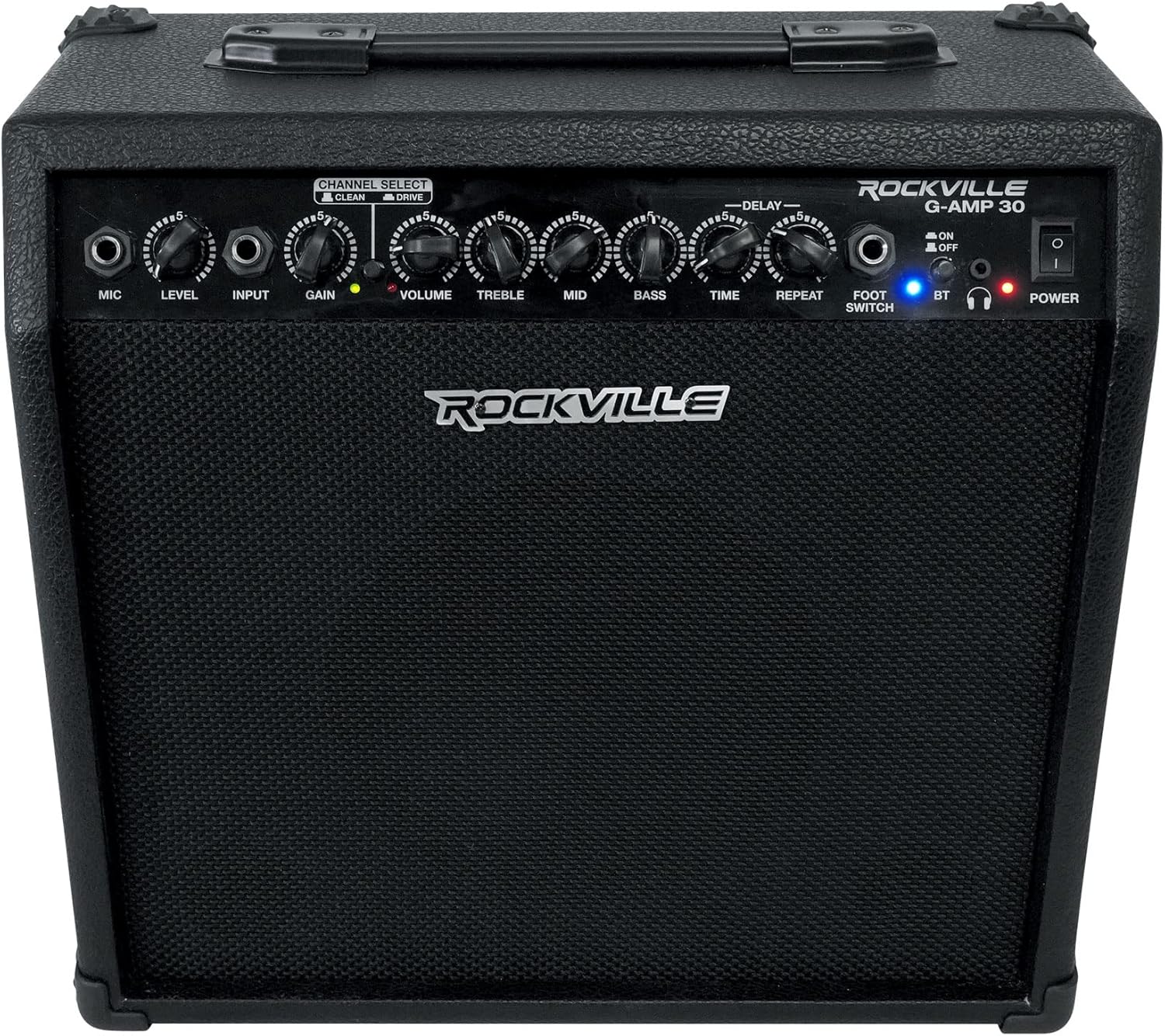 Rockville G-AMP 30 Bundle: 30-Watt Guitar Combo Amplifier with Bluetooth, Mic Input, Footswitch, RMC-XLR Wired Mic with 2 Cables, PRO-M50 Studio Headphones with Detachable Coil Cable, Case, 3-Items