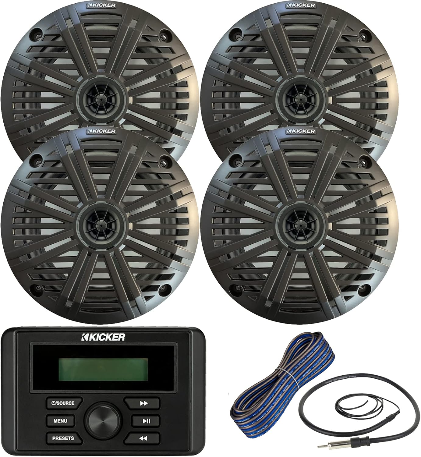 Kicker Weather-Resistant Marine Bluetooth USB RCA Stereo Receiver Bundle Combo with (QTY 4) 6.5