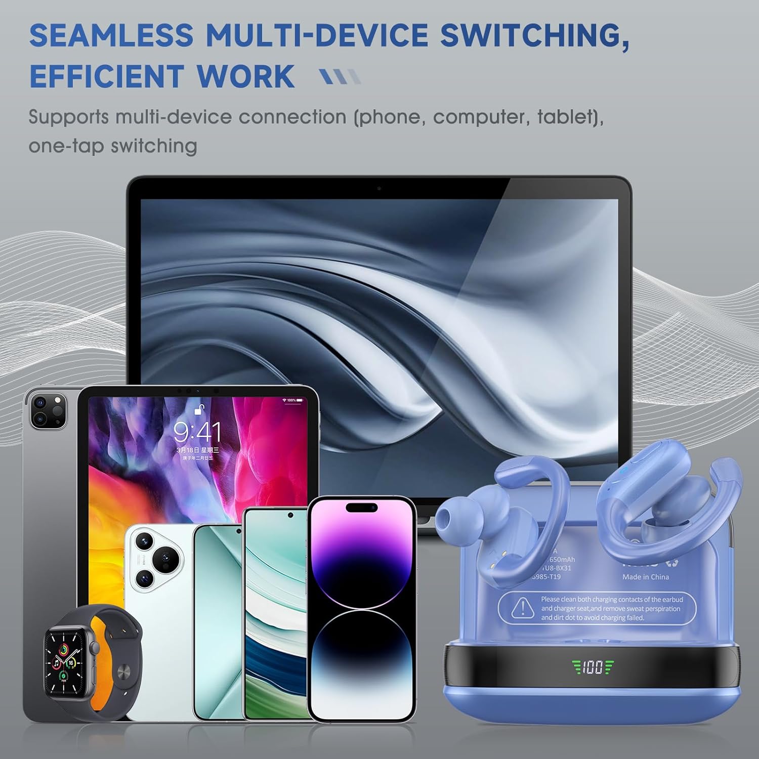 Wireless Earbuds Bluetooth 5.4 Headphones, Noise Canceling Ear Buds with 75hr Playtime, LED Power Display, IPX7 Waterproof Earphones Over-Ear Earphones for Sports/Workouts