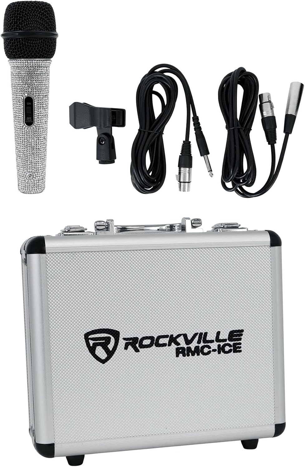 Rockville RMC-ICE Bundle: Pro Diamond Vocal Microphone with Case and Cable, RVMIC1 v2 Tripod Mic Stand with Telescopic Boom, Metal Joints, Adjustable Height 36–63
