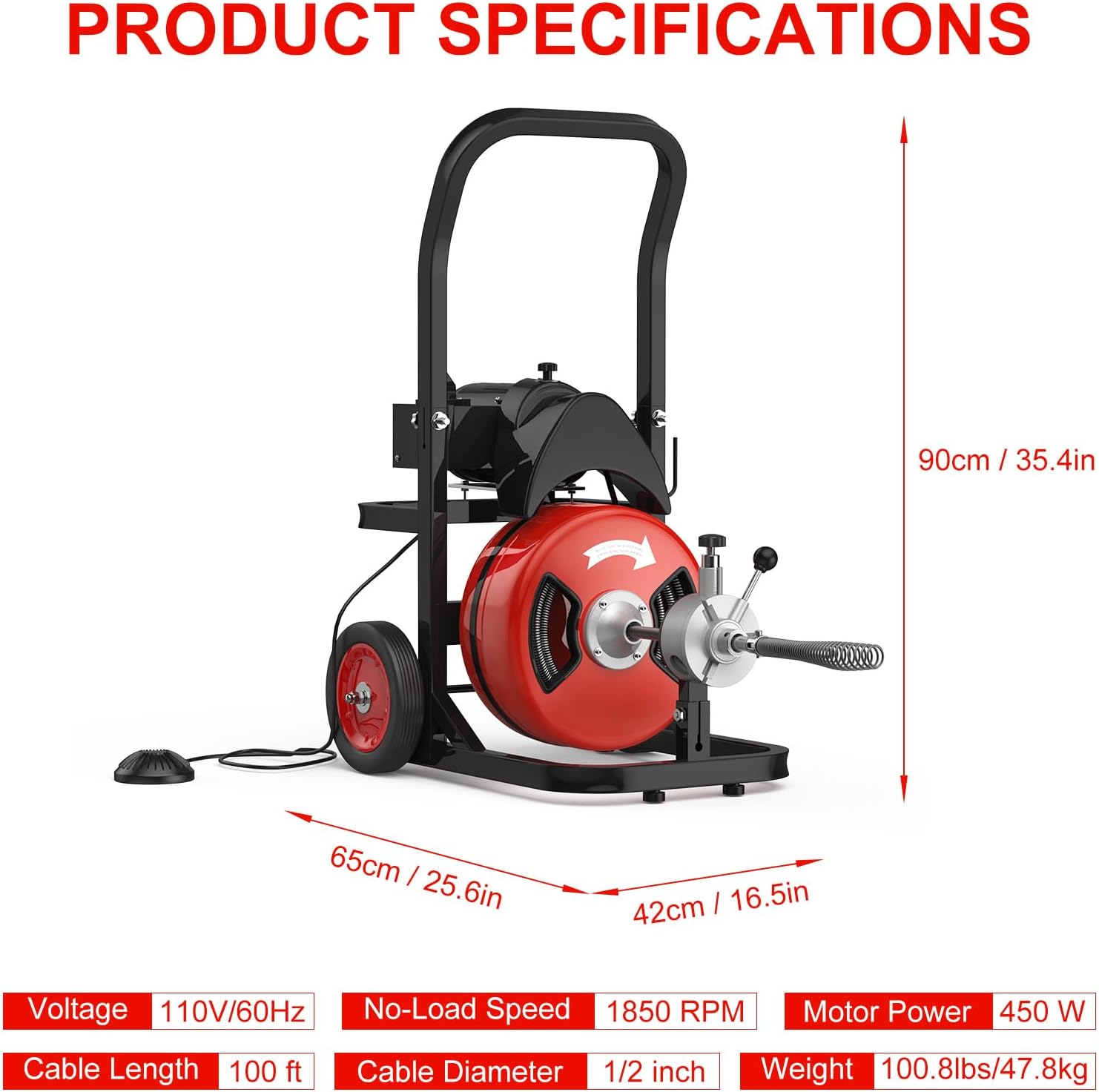 PrecisionAuto Drain Cleaning Machine, 100Ft x 1/2 Inch Drain Cleaning Machine - with 6 Cutters & Air Foot Switch, Commercial Electric Drain Cleaner Tool with Wheels, Efficient 2
