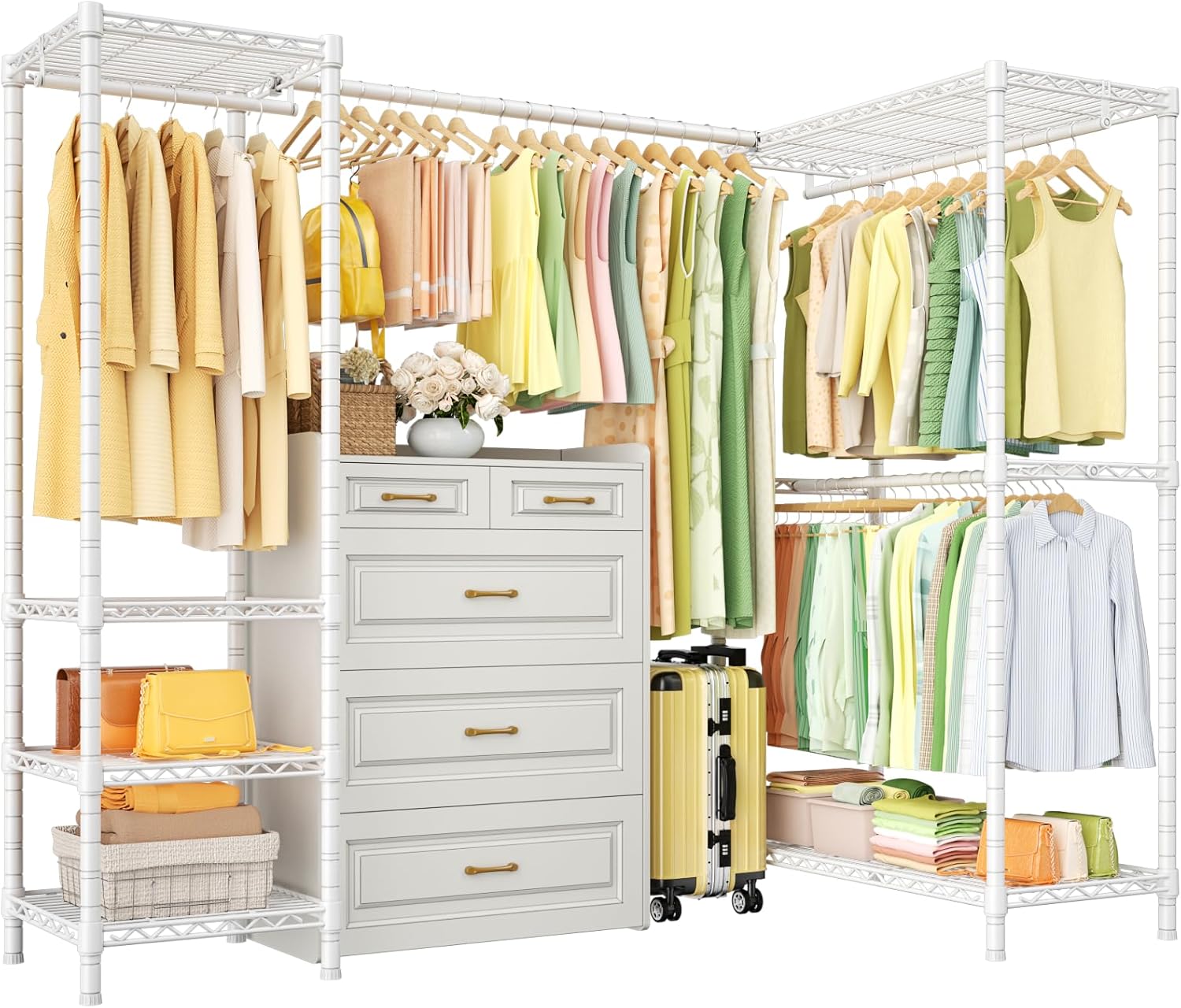 E10L L-Shaped Clothes Rack for Corner（With Expandable Hanger Rod）Heavy Duty Freestanding Clothing Racks for Hanging Clothes，Portable Garment Rack 58-82