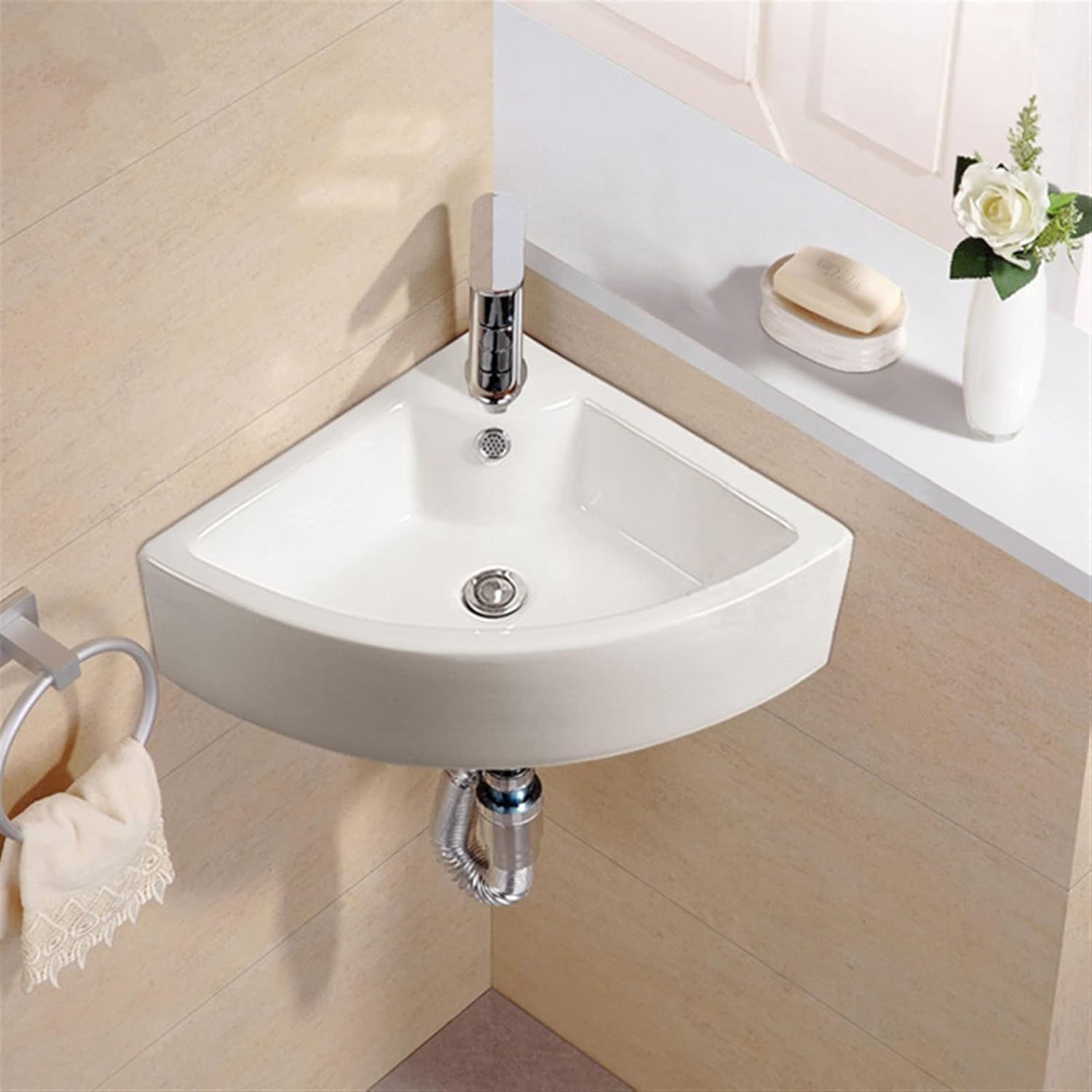 Bathroom Sinks Triangle Porcelain Ceramic Wall Mount Vanity Space Bathroom Sink Bowls Small Wall Mount Corner Bathroom Sink，White Drop in Bathroom Sink