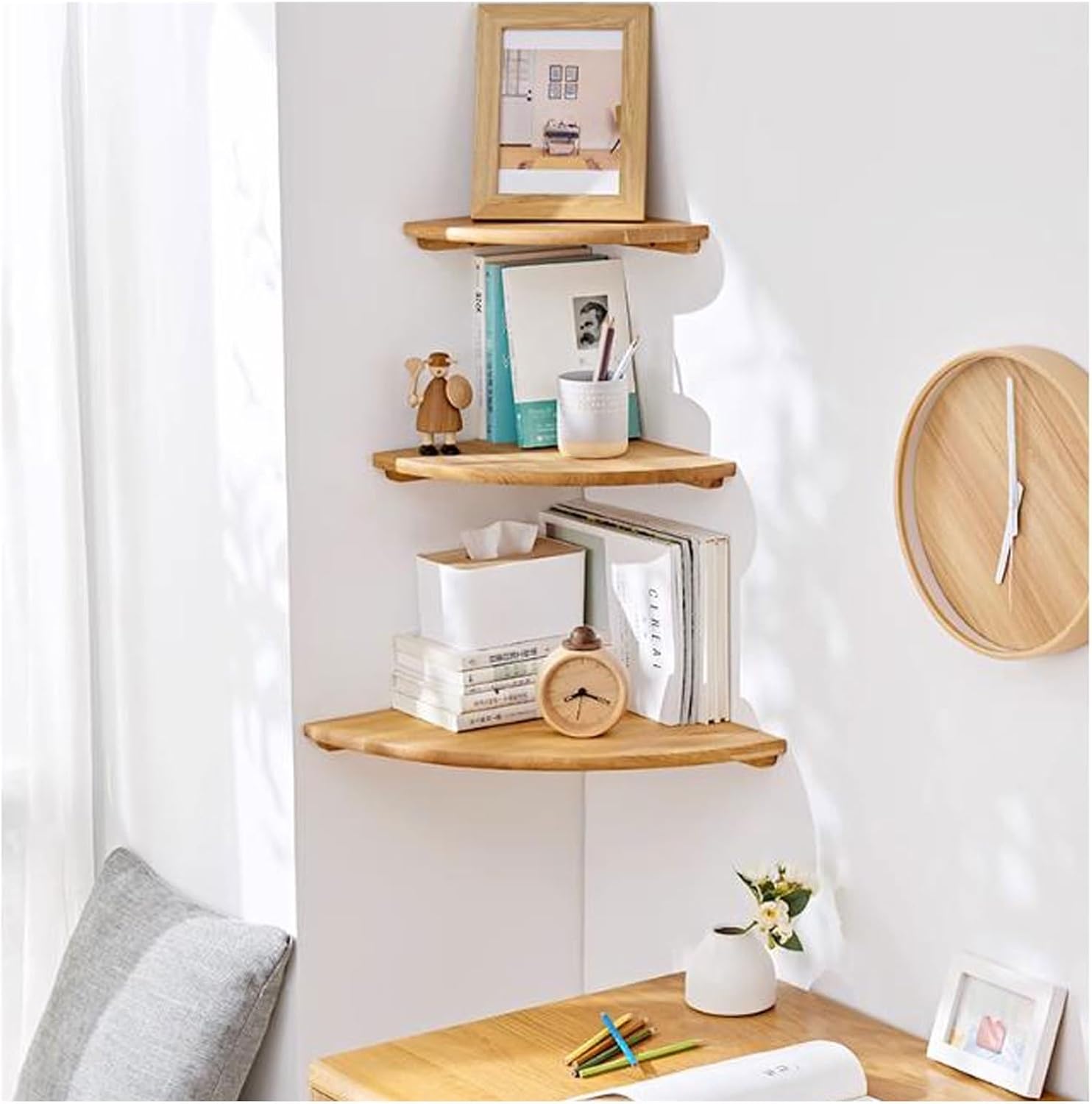 Wall Shelves Set of 3 Corner Solid Oak Floating Corner Shelf Wall Mount, Wall Display Rack, Easy to Install(Nature-3pcs Set)