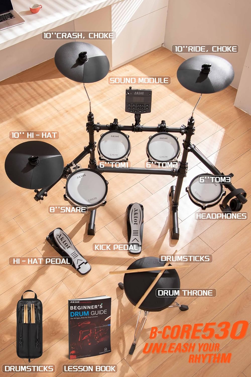 AKLOT B-CORE530 Electric Drum Set: Dual-Zone Quiet Mesh Drum Pads, 10’’ Dual-Trigger Cymbals, Height-Adjustable Rack, 360 Sounds, USB MIDI, Lesson Book, Throne, Sticks, Headphones