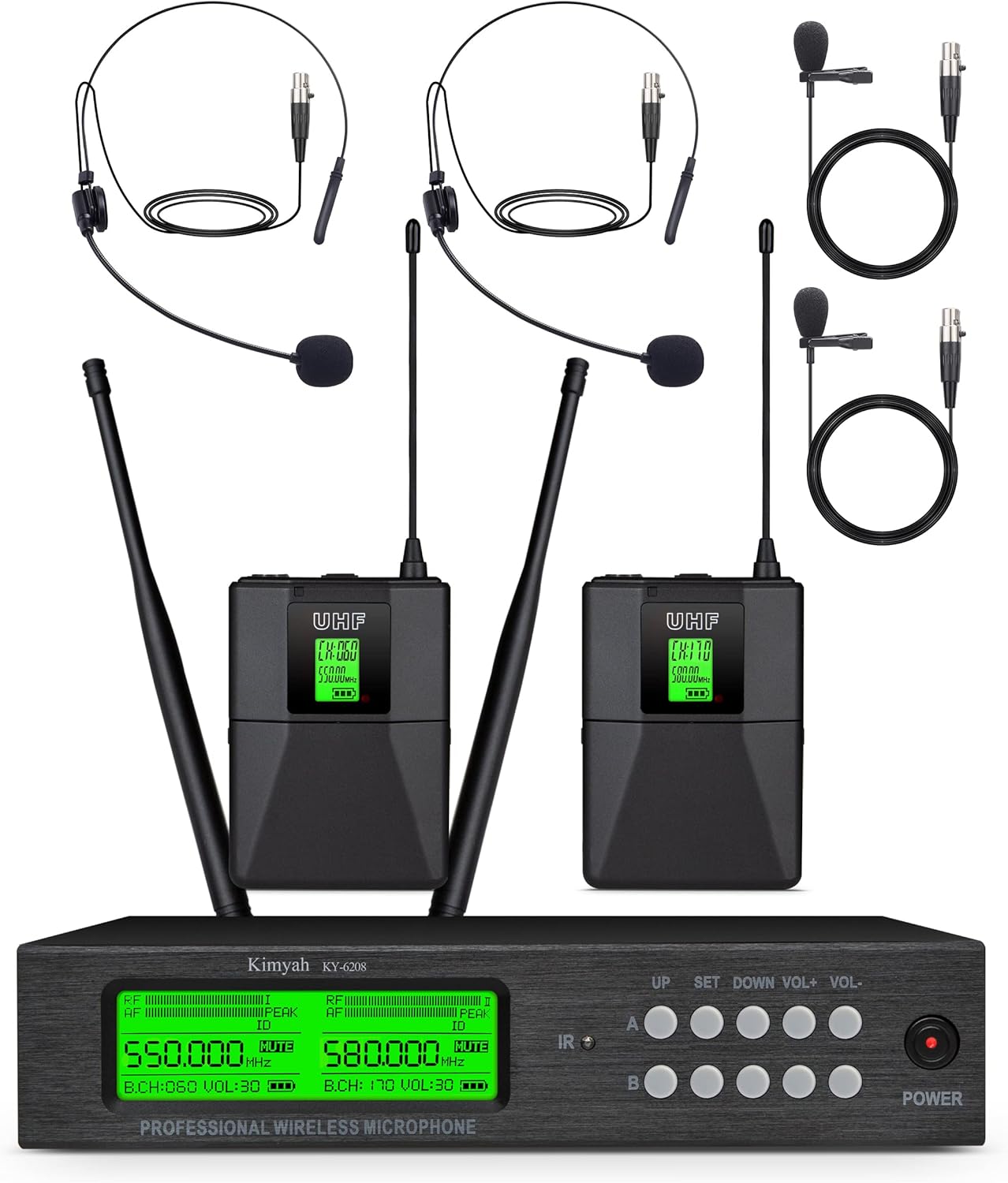 Kimyah Wireless Lavalier and Headset Microphone System,Dual UHF Cordless Bodypack Mics, 2 Lavalier and 2 Headset Microphones, 328ft Range,Ideal for Church and Teaching, Lecture(KY-6208)