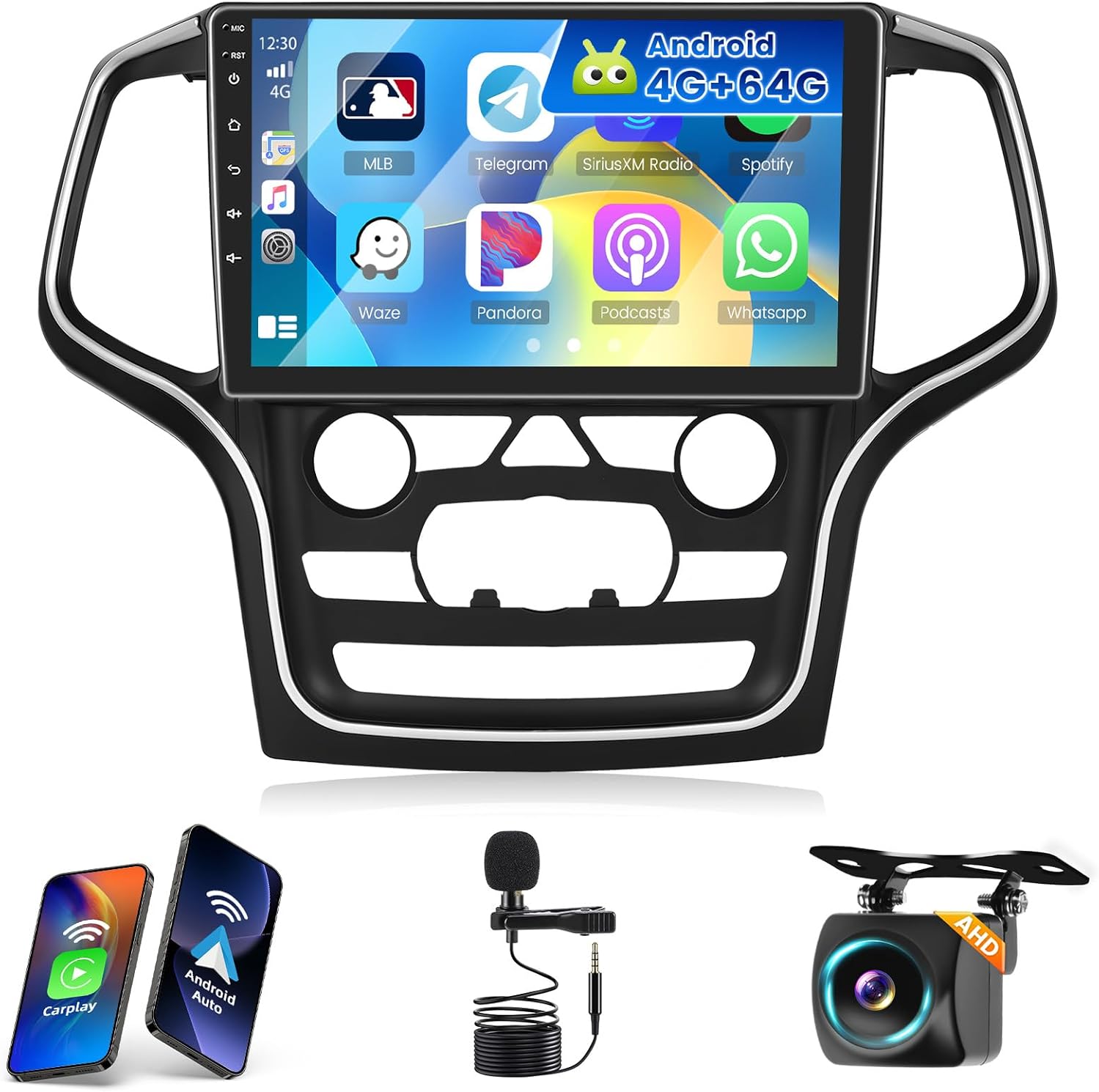 [4+64G] Hikity Android 15 Car Stereo for Jeep Grand Cherokee 2014-2017 with Wireless Carplay Android Auto, 10'' Touchscreen Radio Bluetooth Mirror Link GPS WiFi SWC AI DSP/FM/RDS/32EQ Backup Cam+Mic