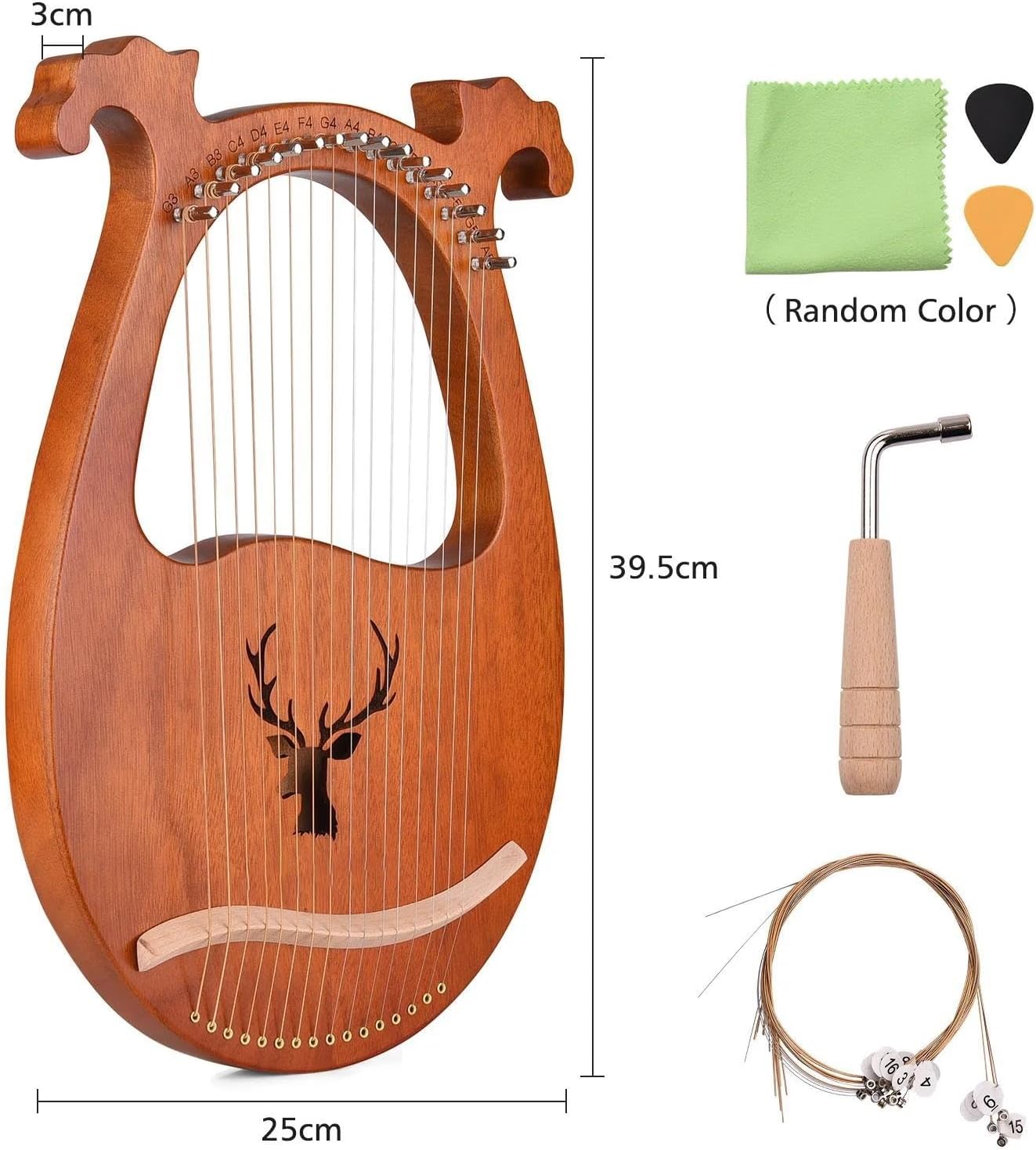 Lyre Harp Set 16 Strings Lyre Harp Solid Wood Strings Instrument Pattern Tuning Hammer Strings Cloth Picks For Beginners