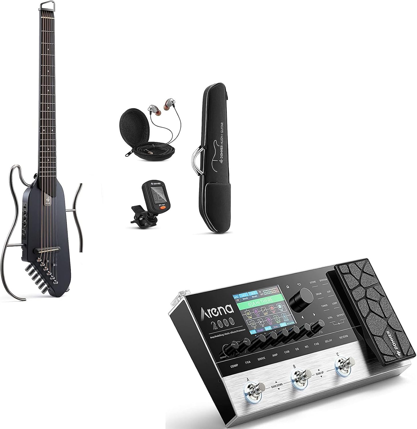 Donner Hush I Travel Guitar - Portable Acoustic Guitar with Arena 2000 Multi-Effects Pedal - Black