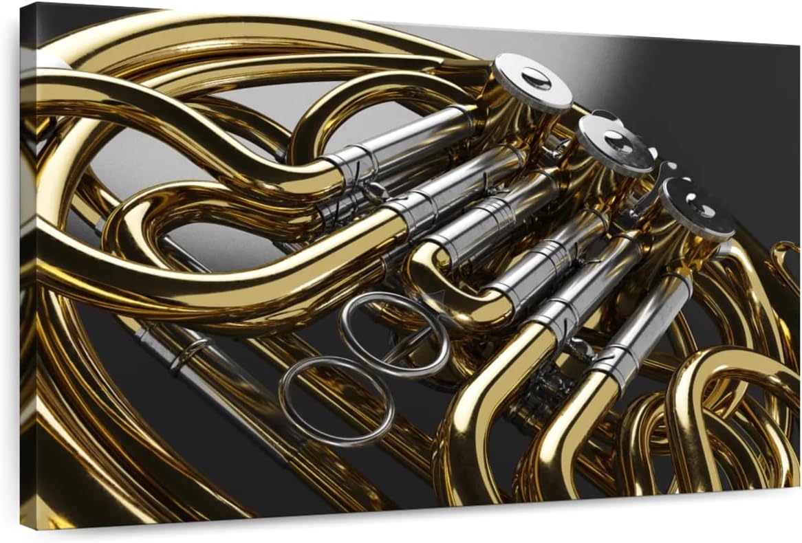 ElephantStock - Shiny French Horn Wall Art - Horizontal Canvas Wall Art - Living Room Wall Decor - Photography Music Canvas Art - Gray And Beige Decor - 51