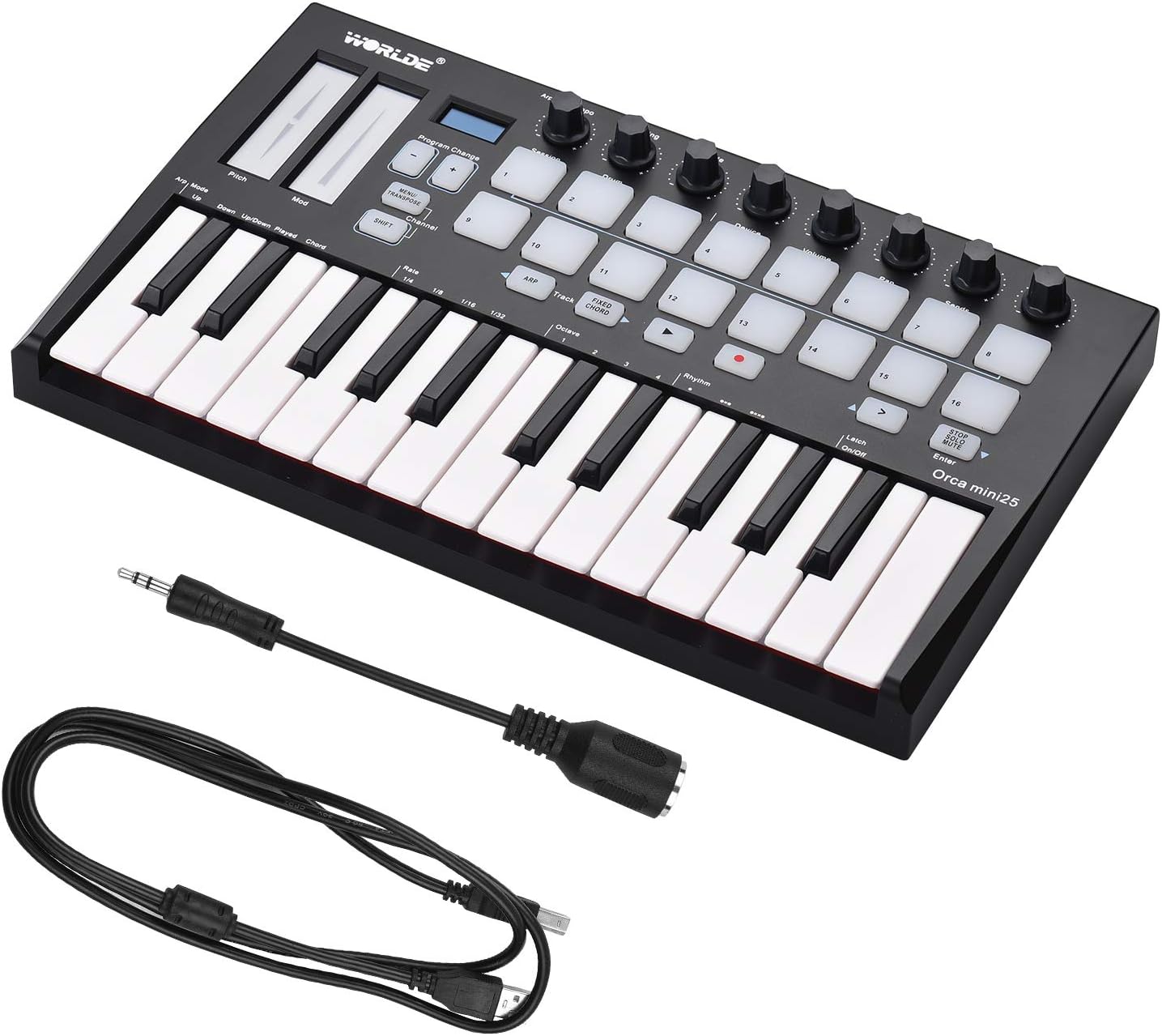 LANRU Orca mini25 Portable 25-Key USB MIDI Keyboard Controller with 16 RGB Backlit Trigger Pads 8 Assignable Control Knobs