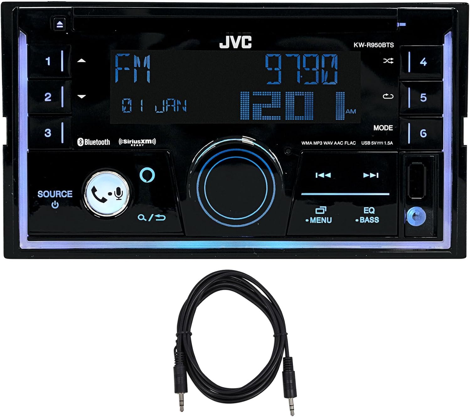 Audiosavings Bundle: JVC KW-R950BTS 2-Din Car Stereo CD Receiver w/Bluetooth/USB/XM Ready/Alexa/EQ Bundle with Rockville TS1224 6 Foot 3.5MM to 3.5MM Aux Cable - 100% Copper (2 Items)