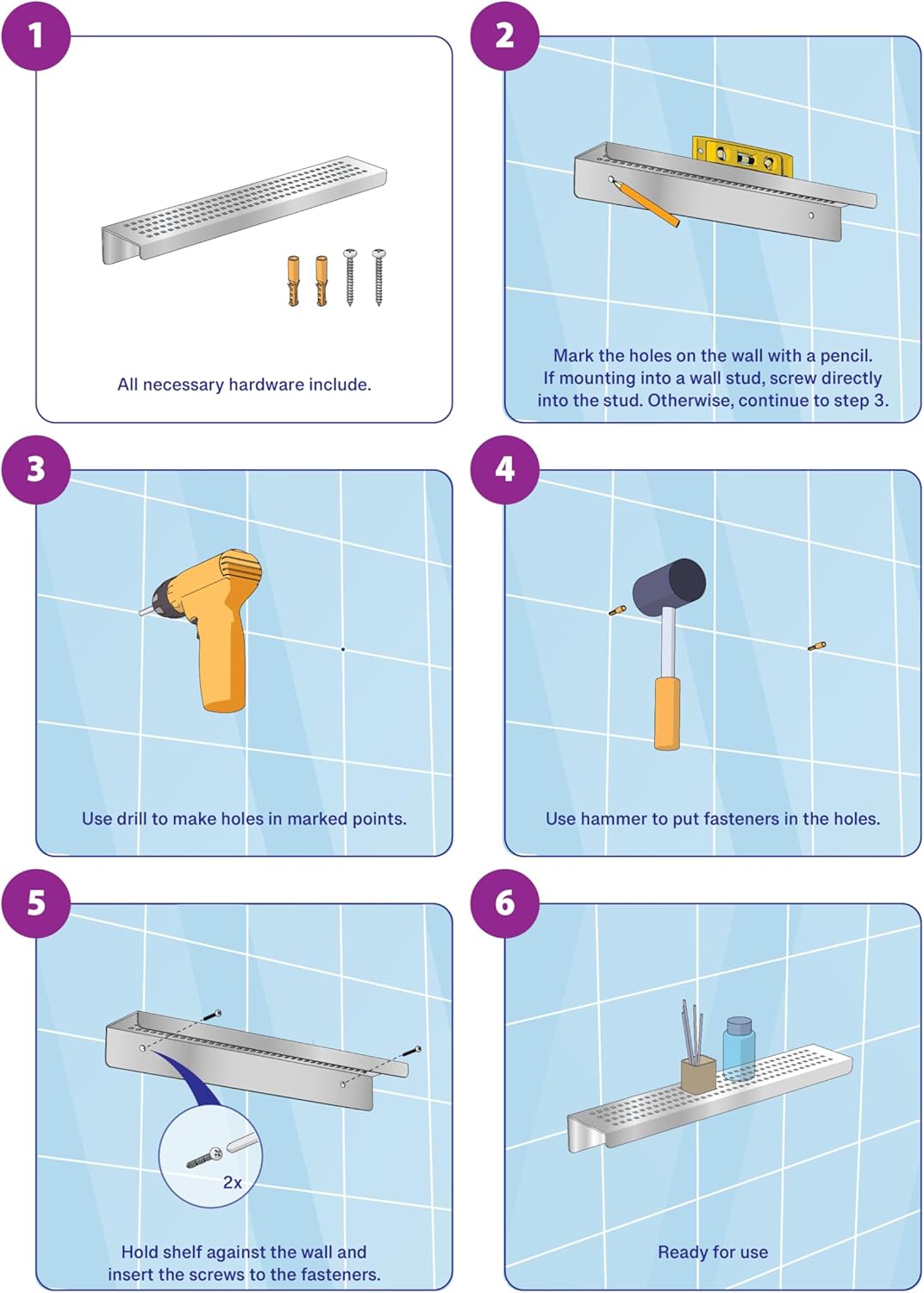 SereneDrains Stainless Steel Brushed Nickel Shower Shelf for Inside Shower Drill in Wall Mount Small Bathroom Shelf Decor Organizer Rack Caddy Floating (Brushed Stainless Steel, 12 Inch)