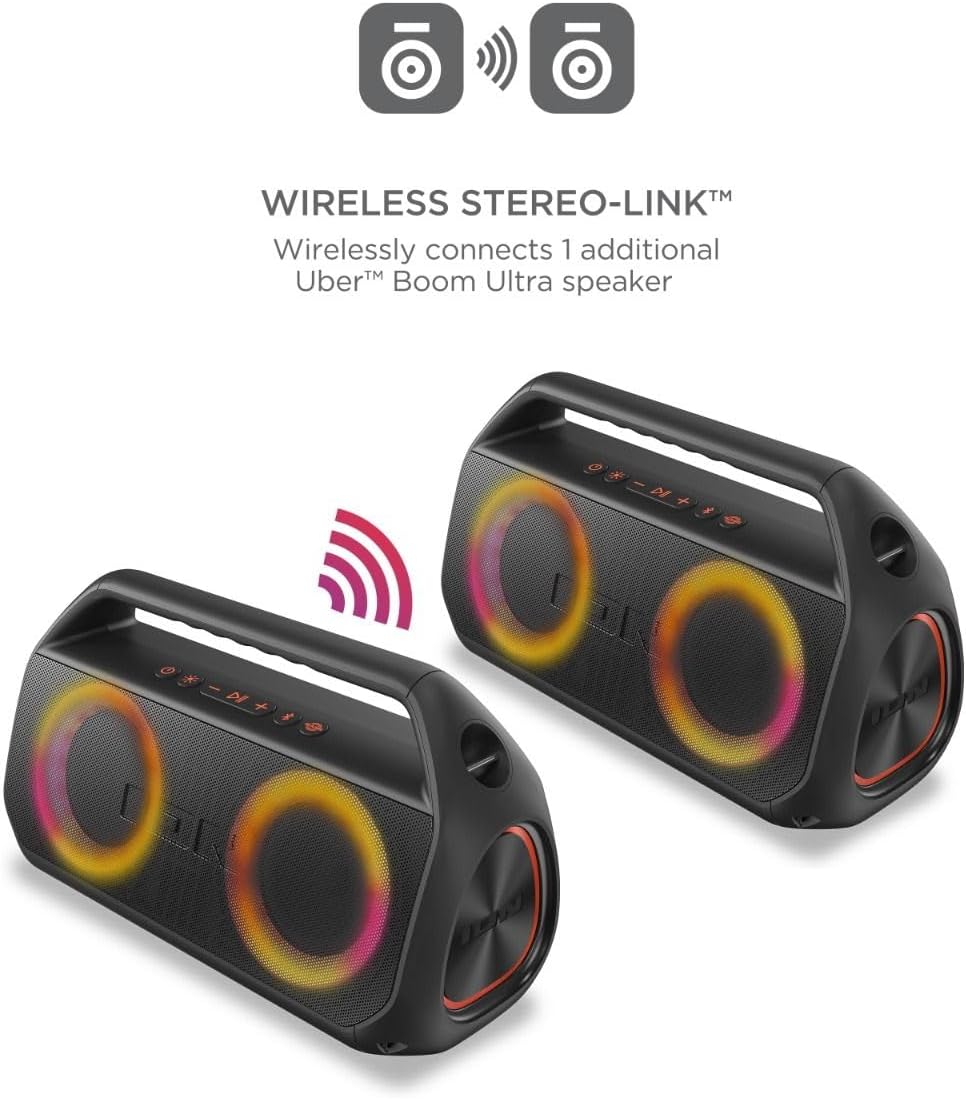 Ion Uber Boom Ultra - Water Resistant 80W Portable Bluetooth Party Speaker with Lights, Battery, Built-in Microphone, and AUX Input (Renewed)